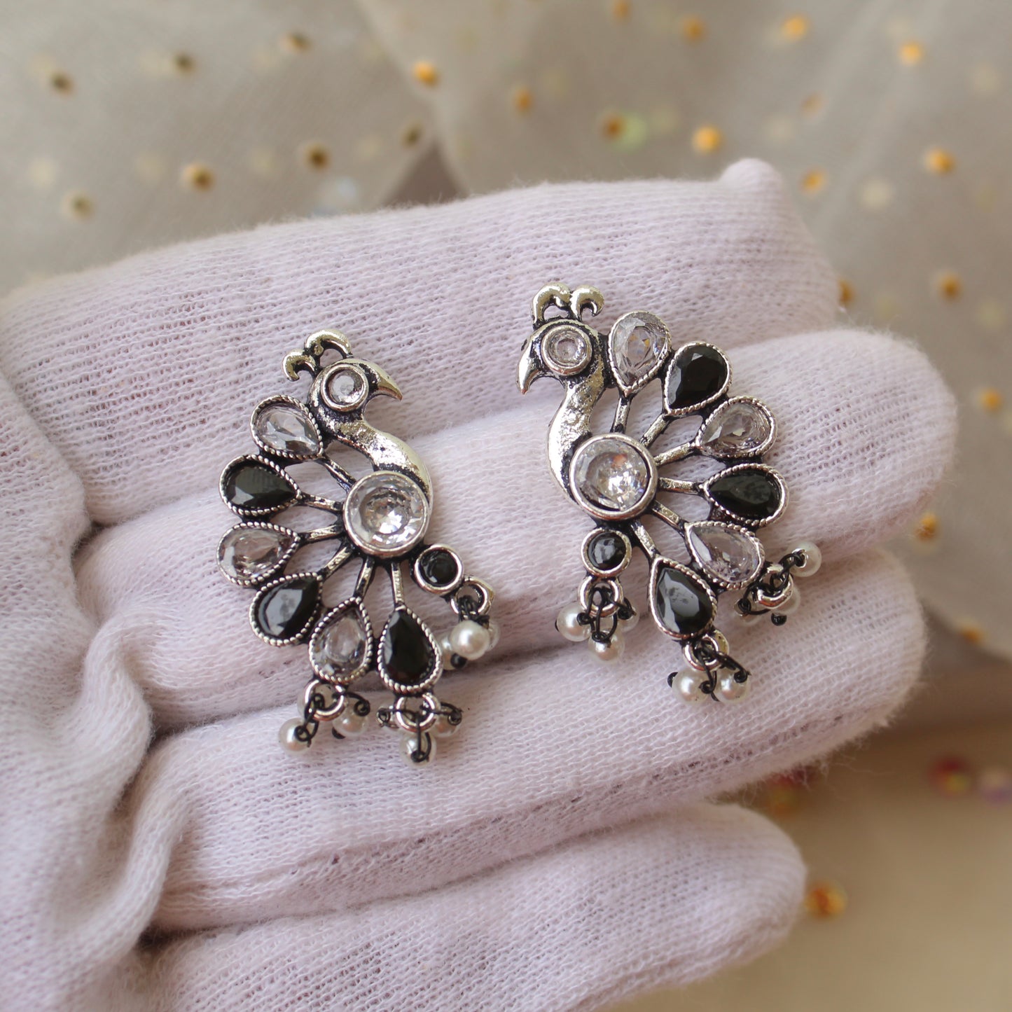 Oxidised Silver & Black Peacock Design Earrings