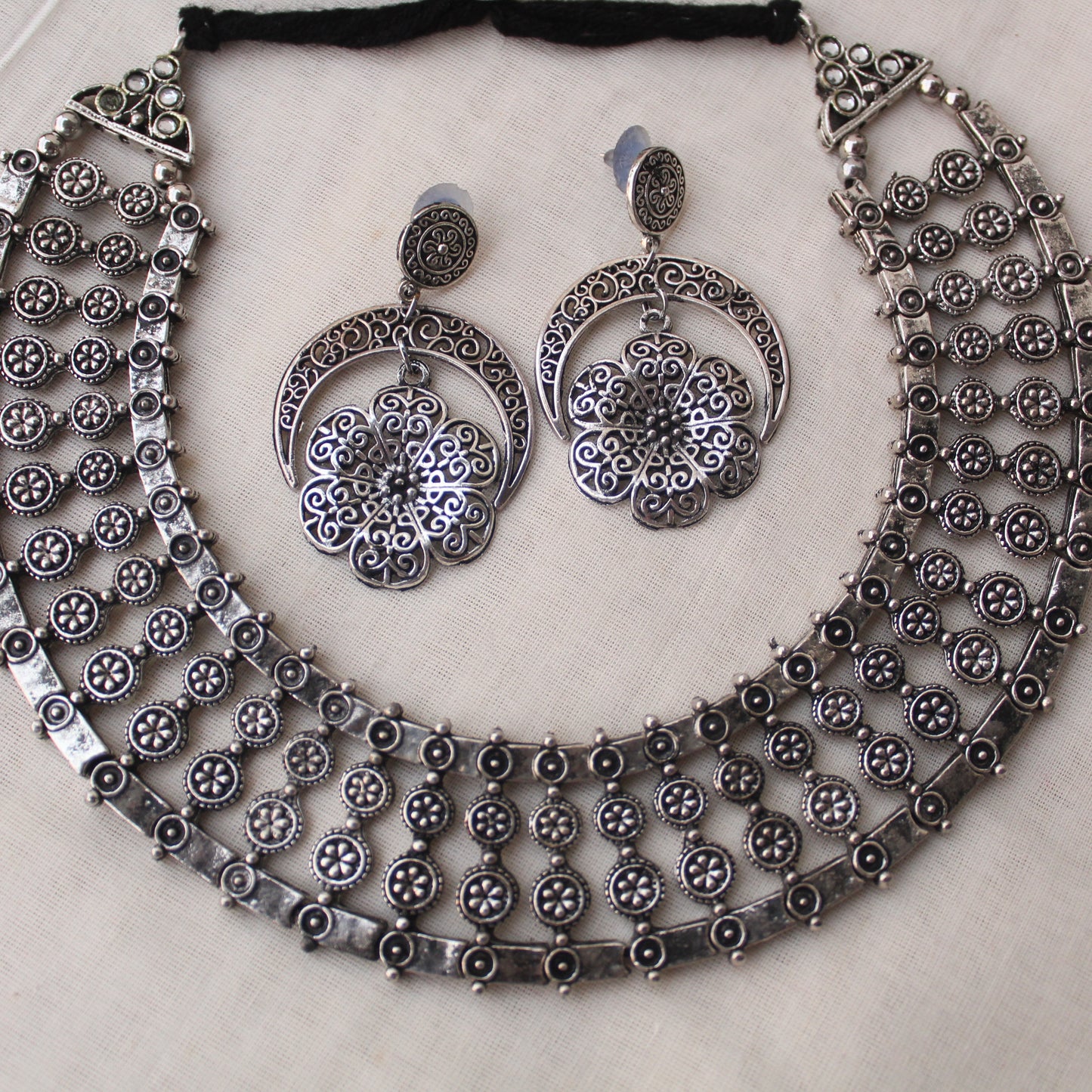 Classic Engraved Oxidised Silver Necklace Set