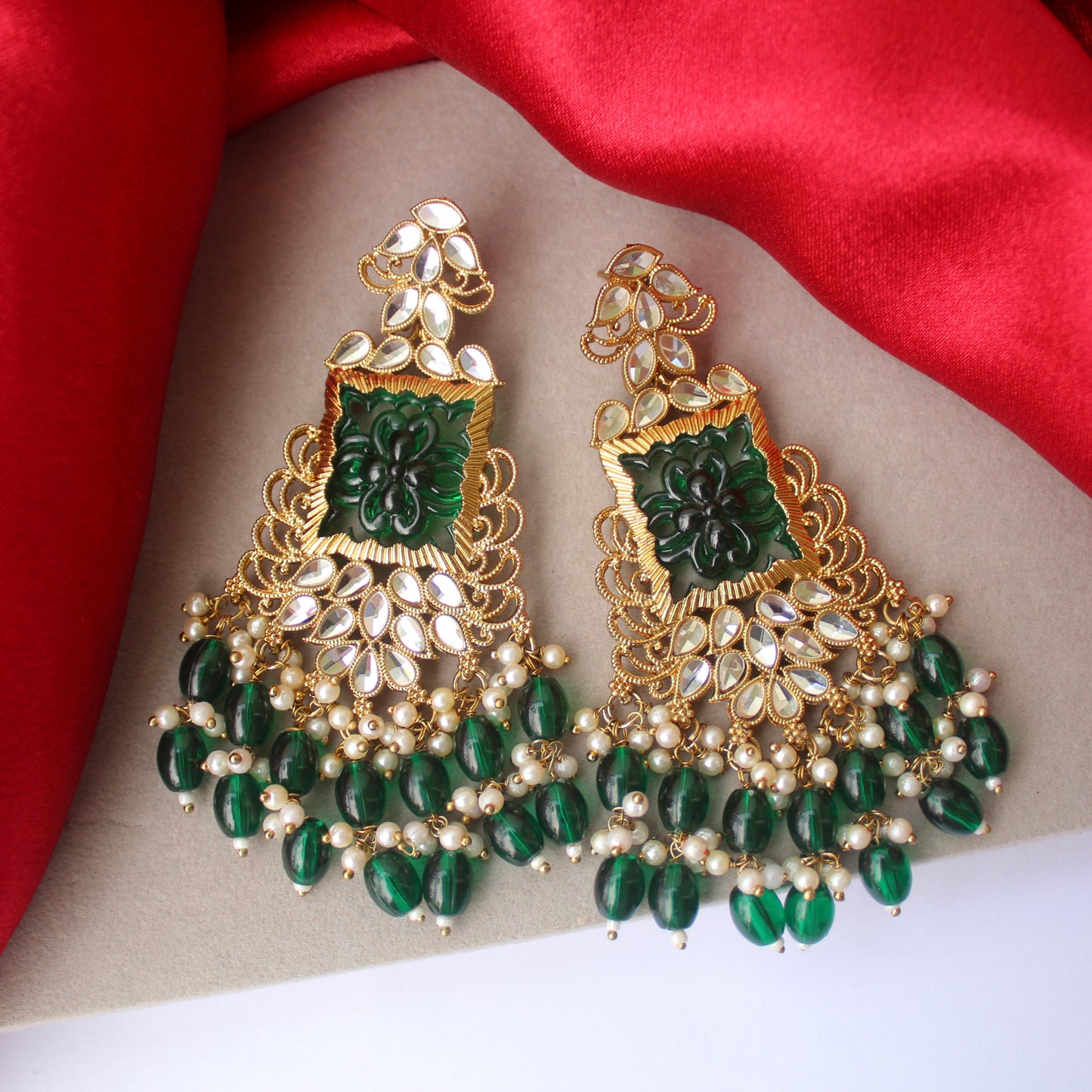 Emerald Carved Long Ethnic Earrings