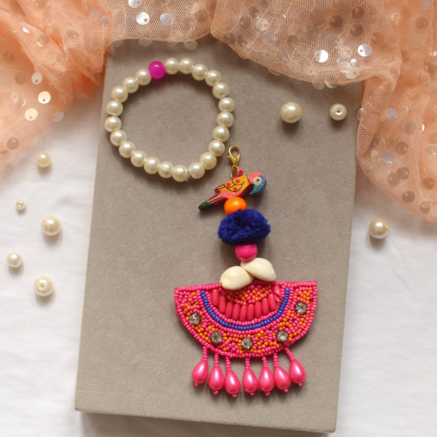 Stretchable Pearl Bracelet with Boho Detachable Charm