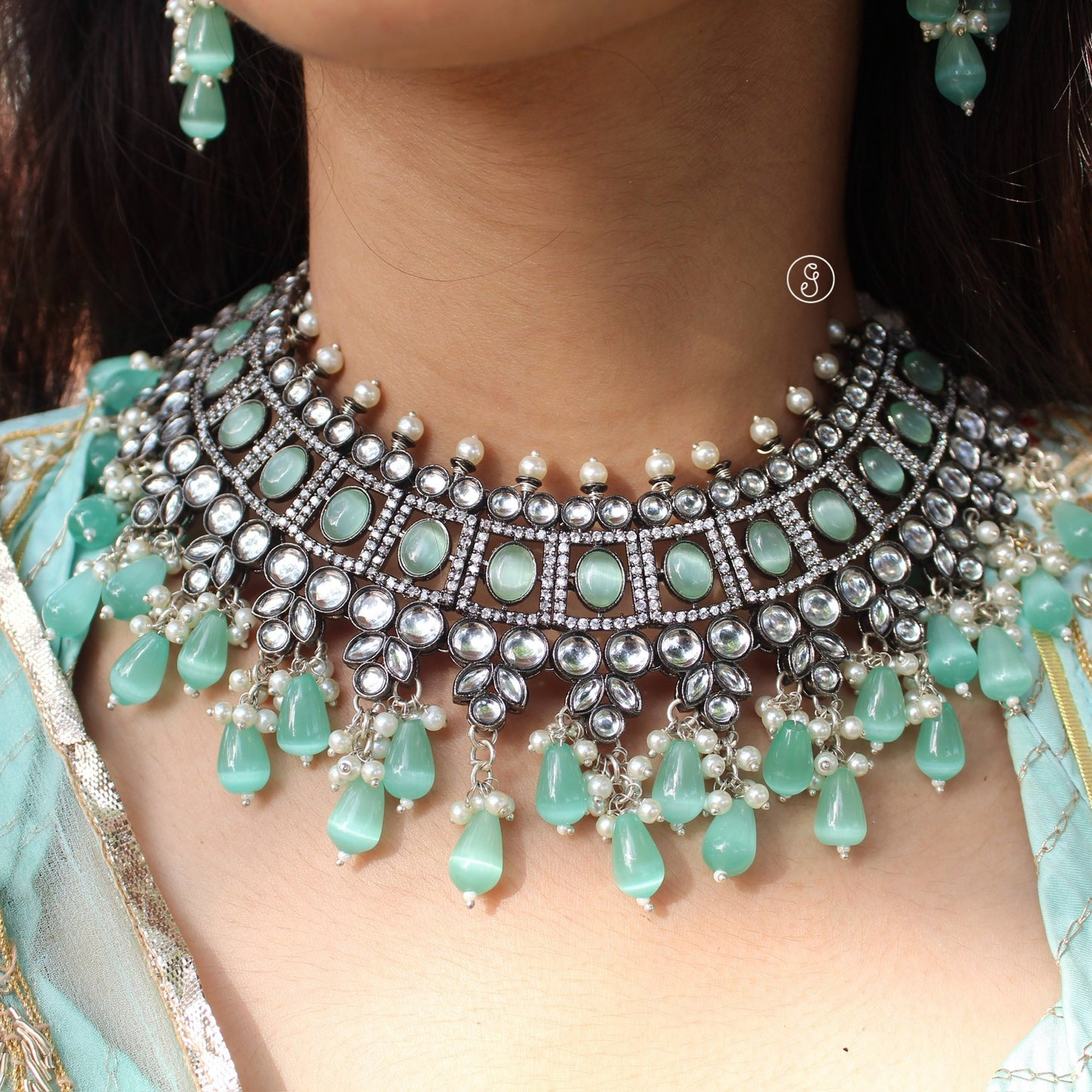 Premium Quality Turquoise Necklace Set With Tika