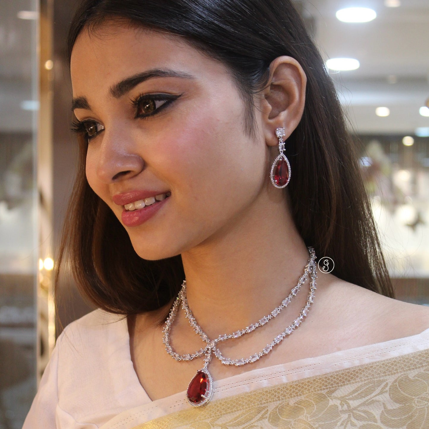 Ruby Stone & Cz Diamonds Work Designer Necklace Set