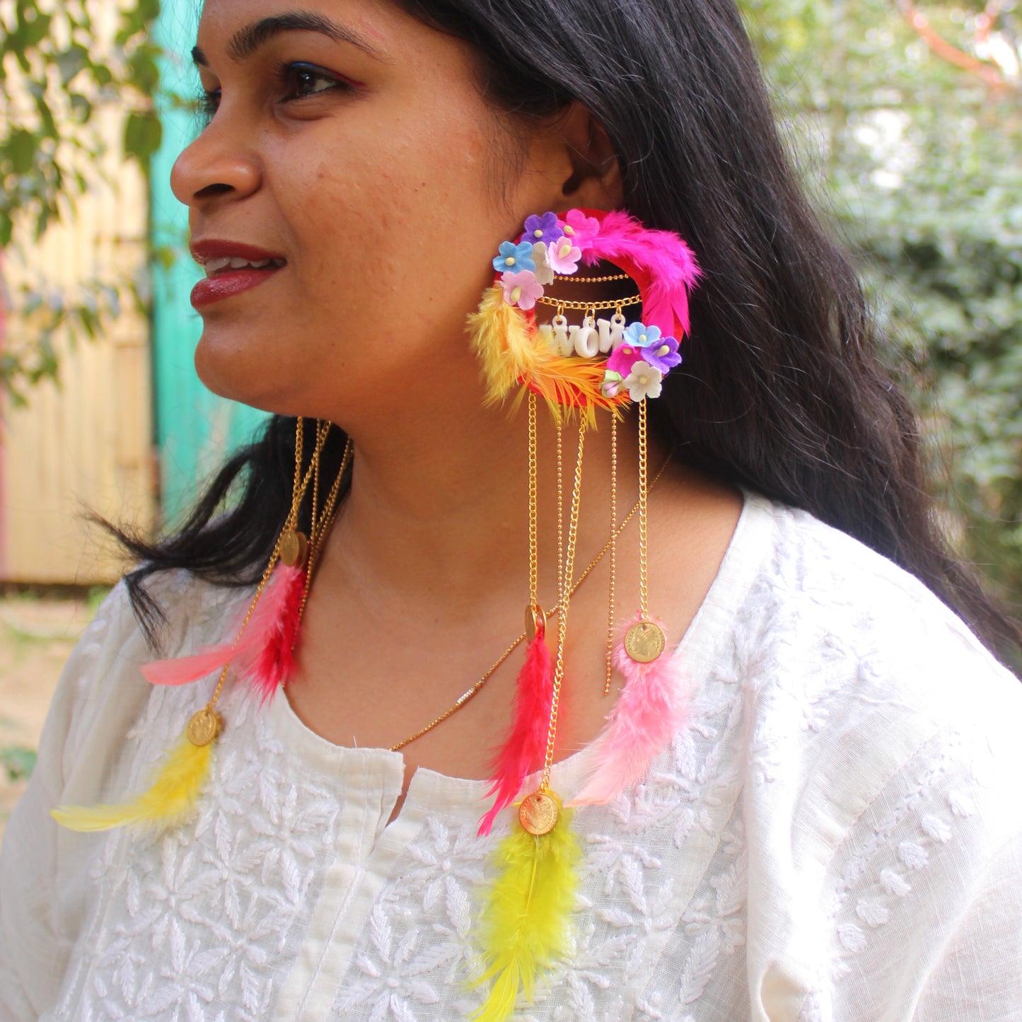 Vibrant Feathers & Flowers Work Long Earrings