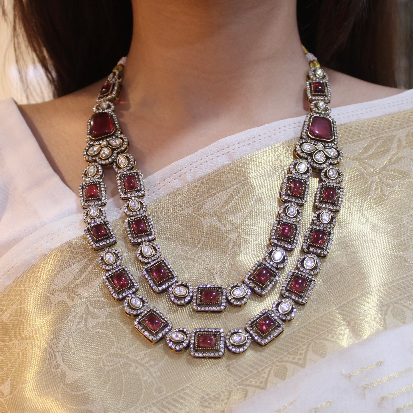 Gorgeous Ruby Stones Double Layered Necklace Set