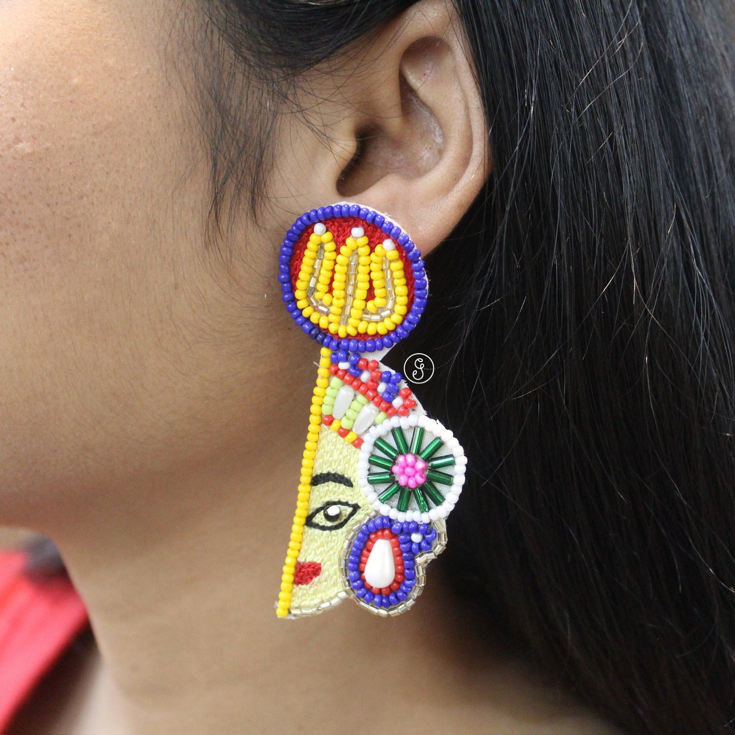 Multicolored Beaded Maa Durga Earrings with Trishul