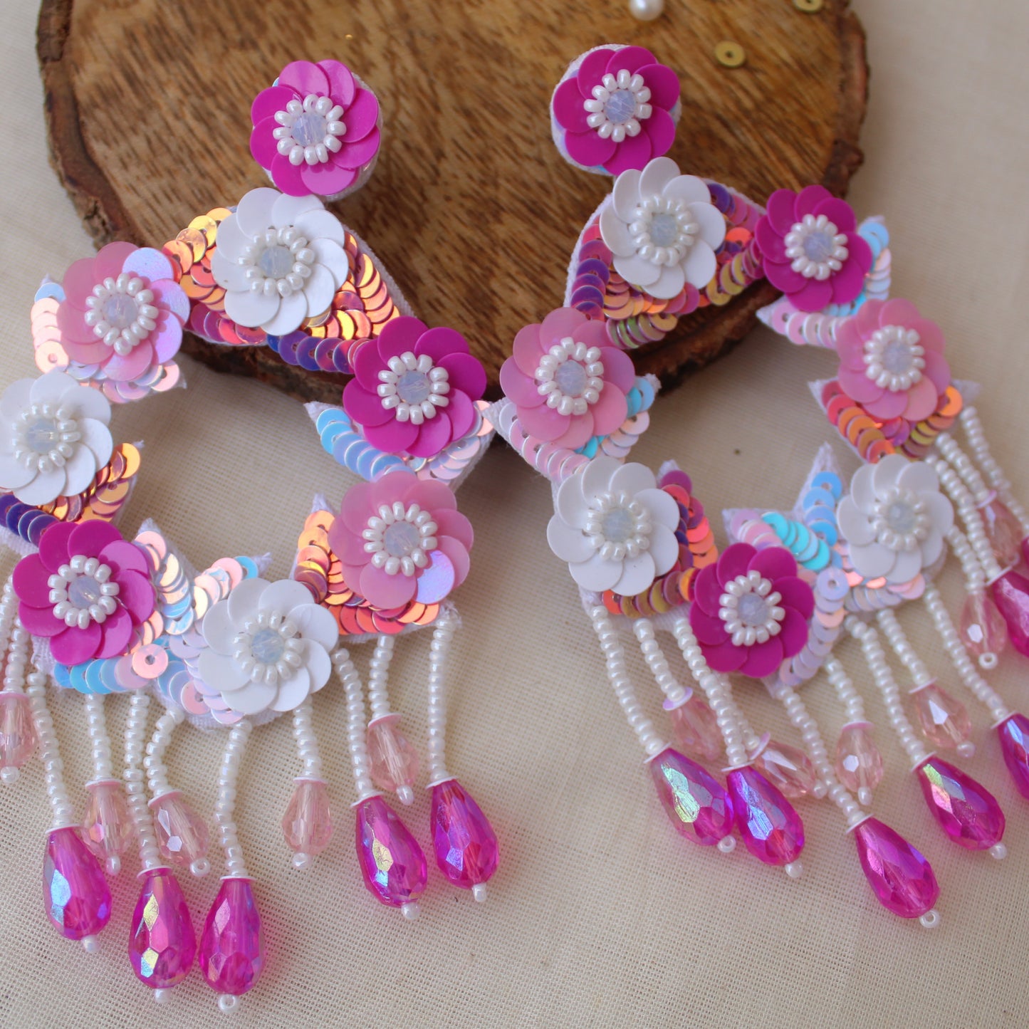 Fabulous Pink & White Sequence Work Earrings