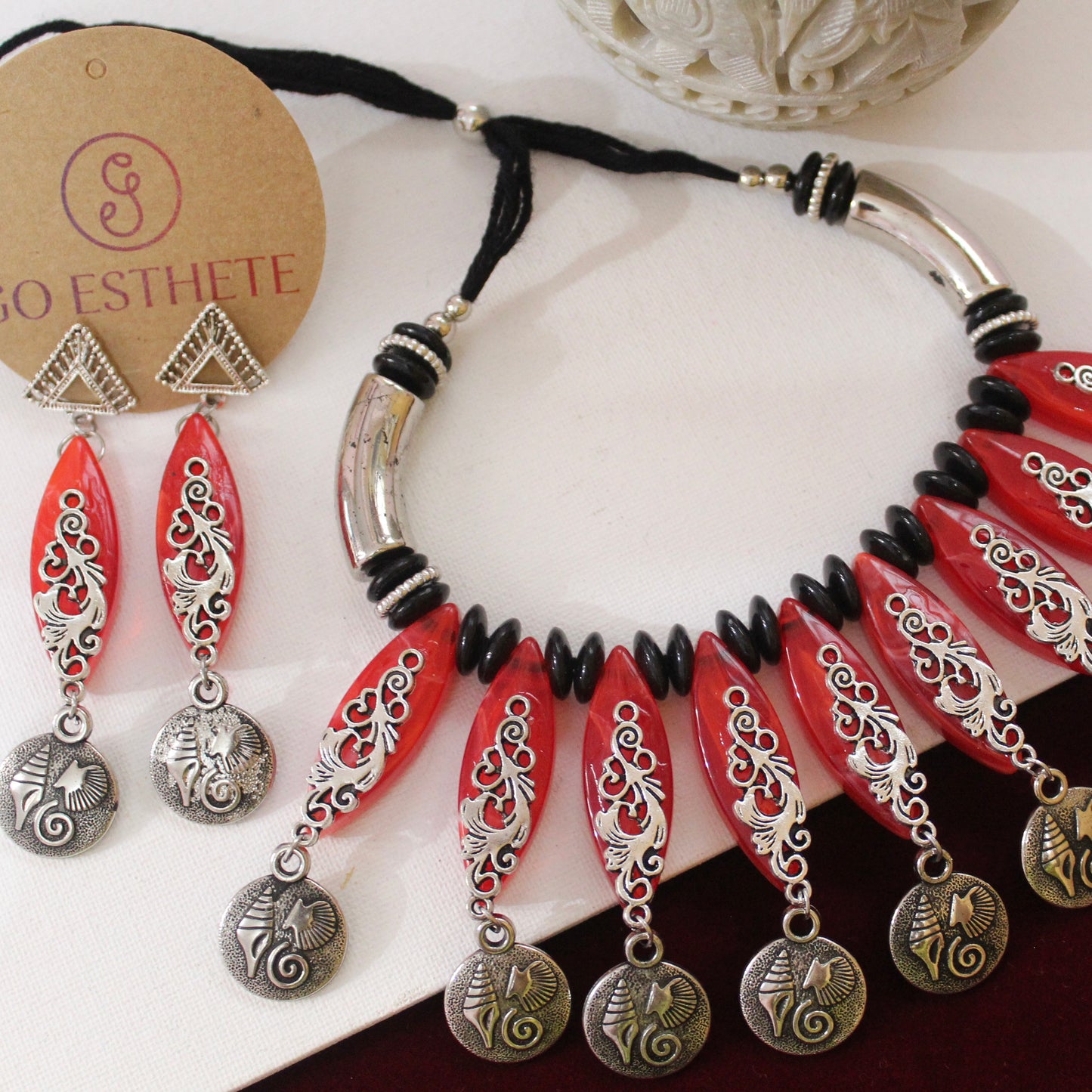 Stunning Red Oxidised Silver Necklace Set
