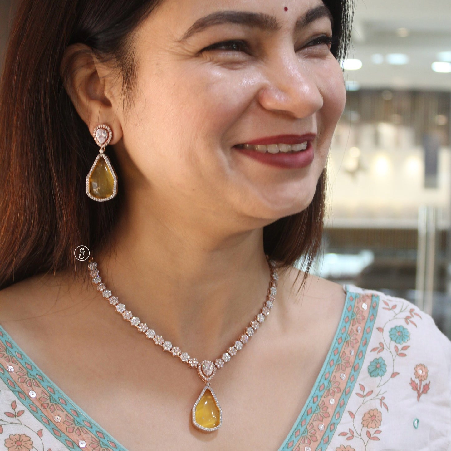 Rose Gold CZ Drop Necklace Set with Yellow Stone