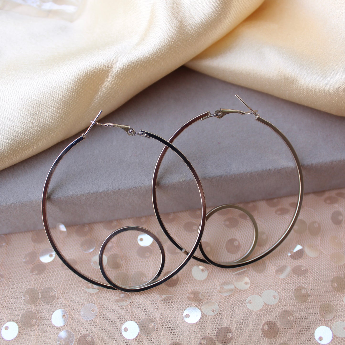 Silver Large Sized Round Hoop Earrings