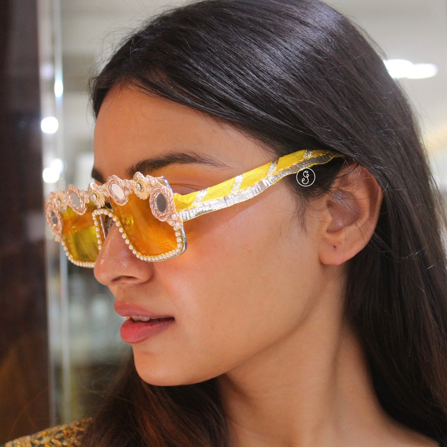 Floral Embellished Yellow Statement Sunglasses