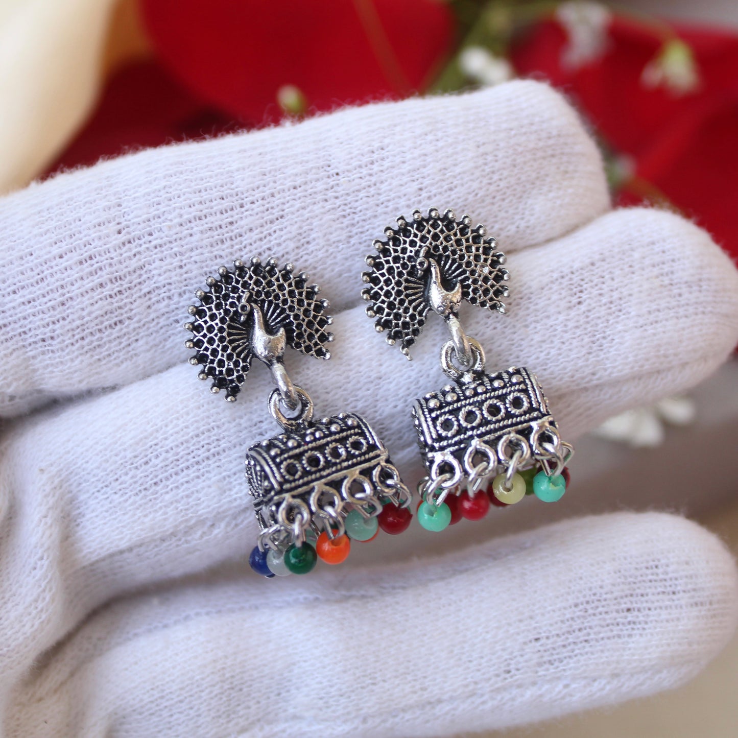 Multicoloured Oxidised Silver Mini Jhumkis