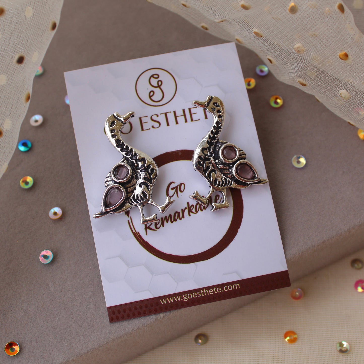 Cute Oxidised Silver& Pink Duck Stud Earrings