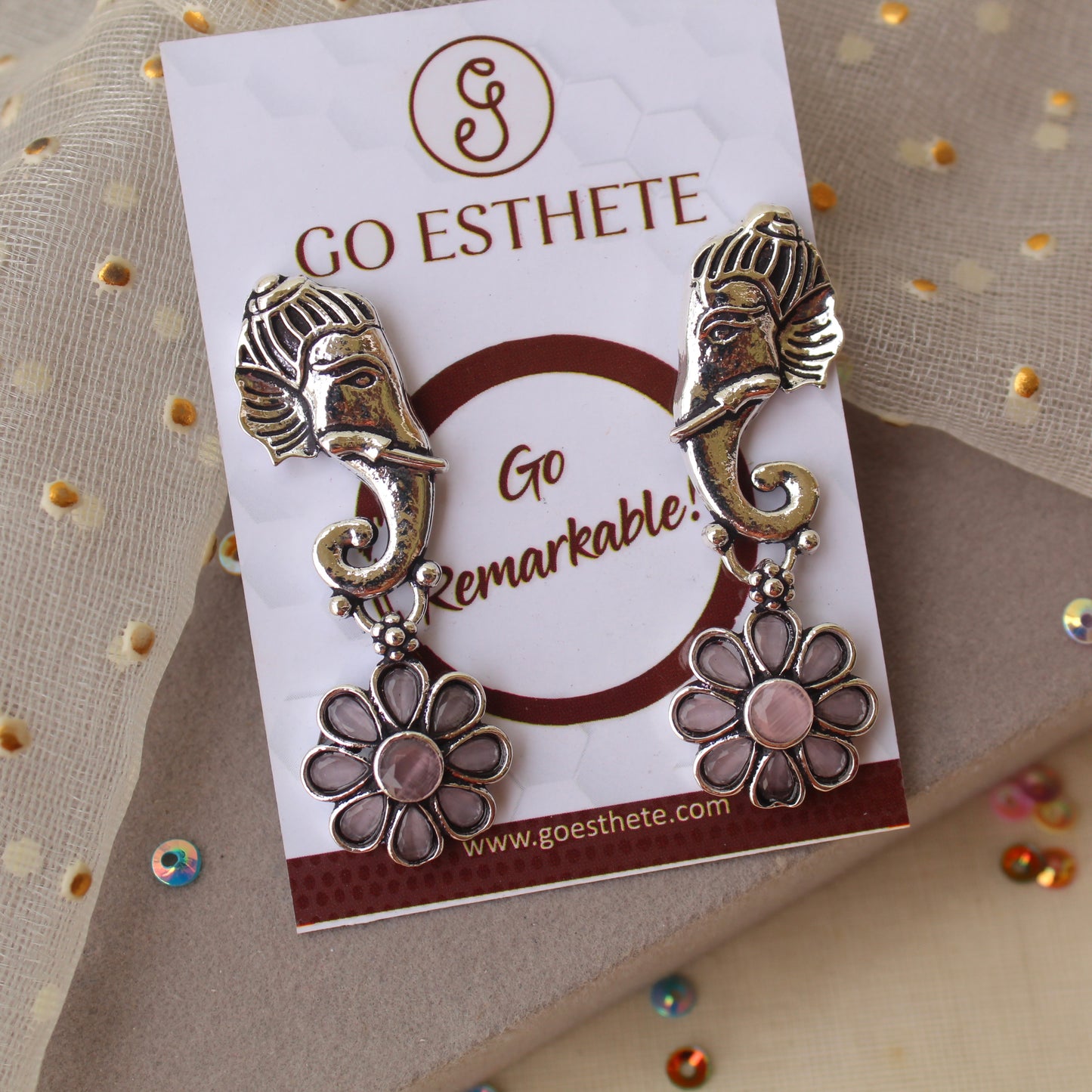 Oxidised Silver & Pink Ganesha Earrings