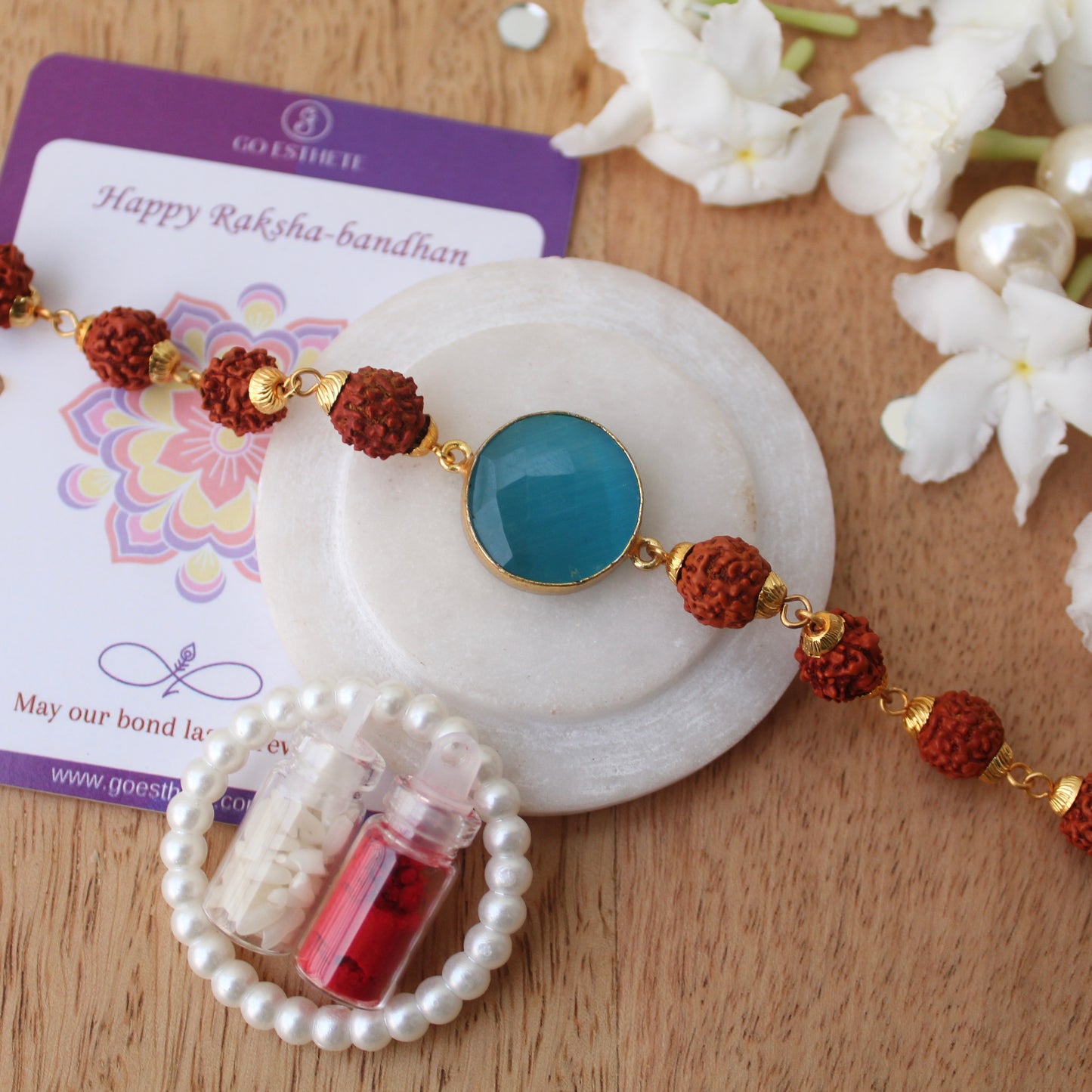 Ocean Blue Stone & Rudraksh Work Rakhi