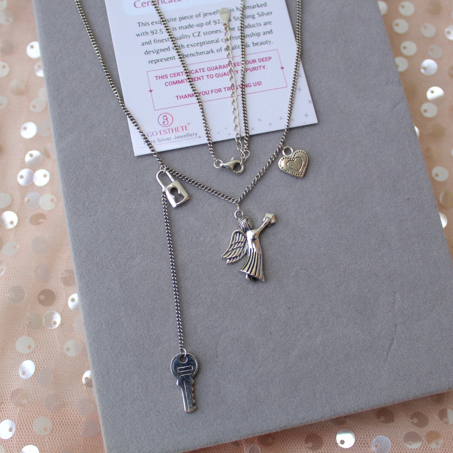 92.5 Pure Silver Chain With Angel & Heart Charms