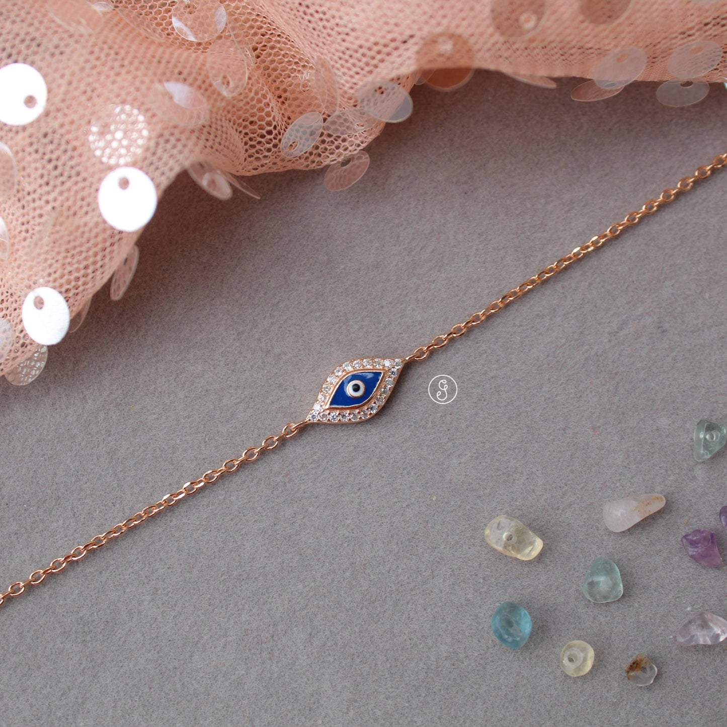92.5 Pure Silver Rose Gold Toned Evil Eye Anklet
