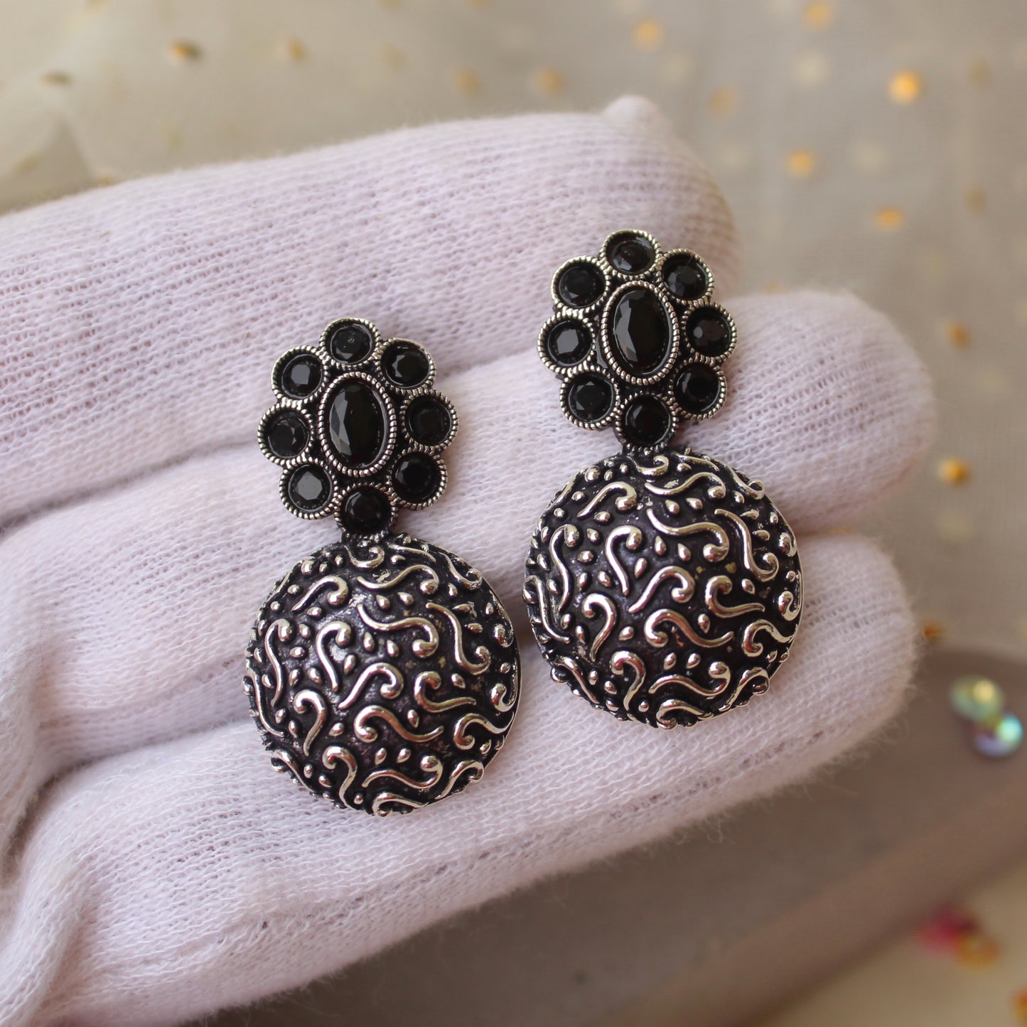 Black & Oxidised Silver Stud Earrings