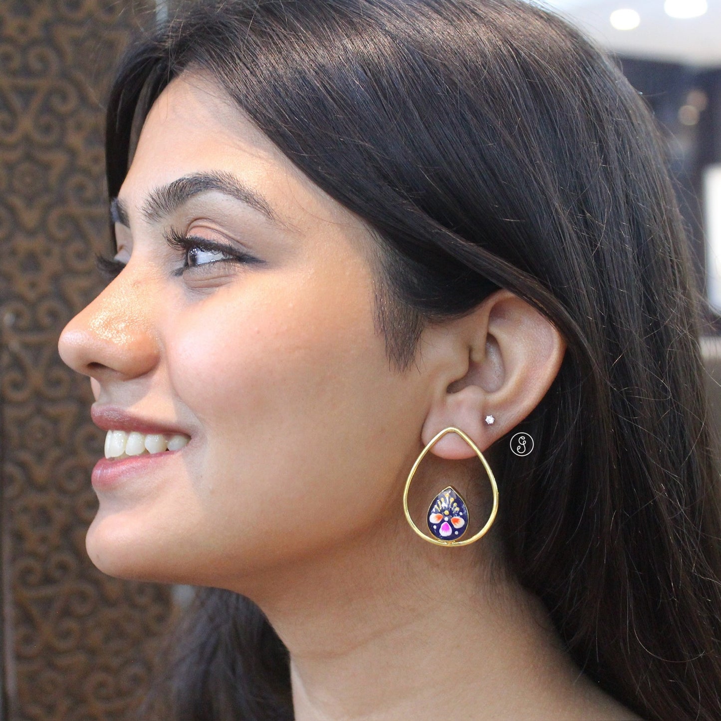 Brass Teardrop Earrings with Painted Stone