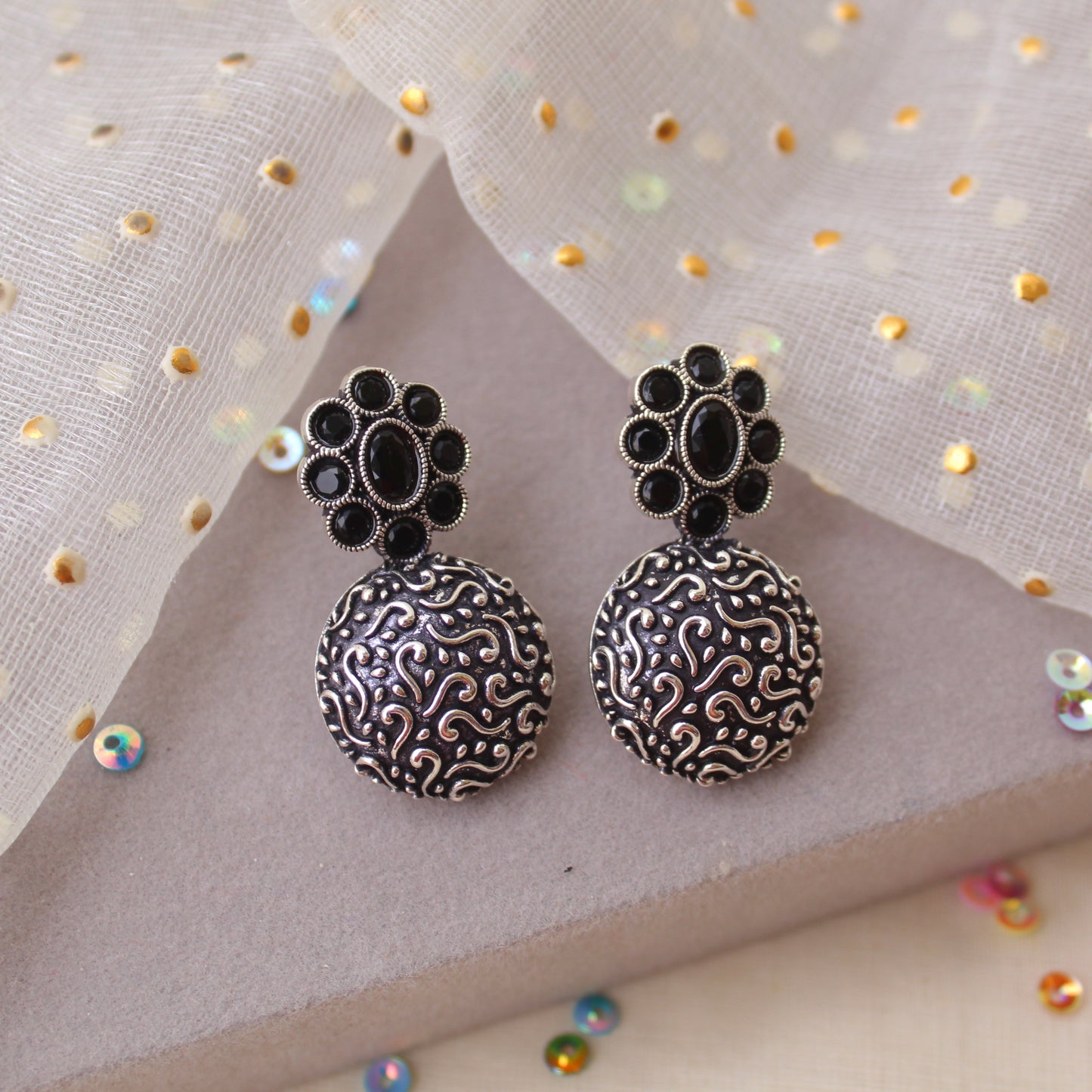 Black & Oxidised Silver Stud Earrings
