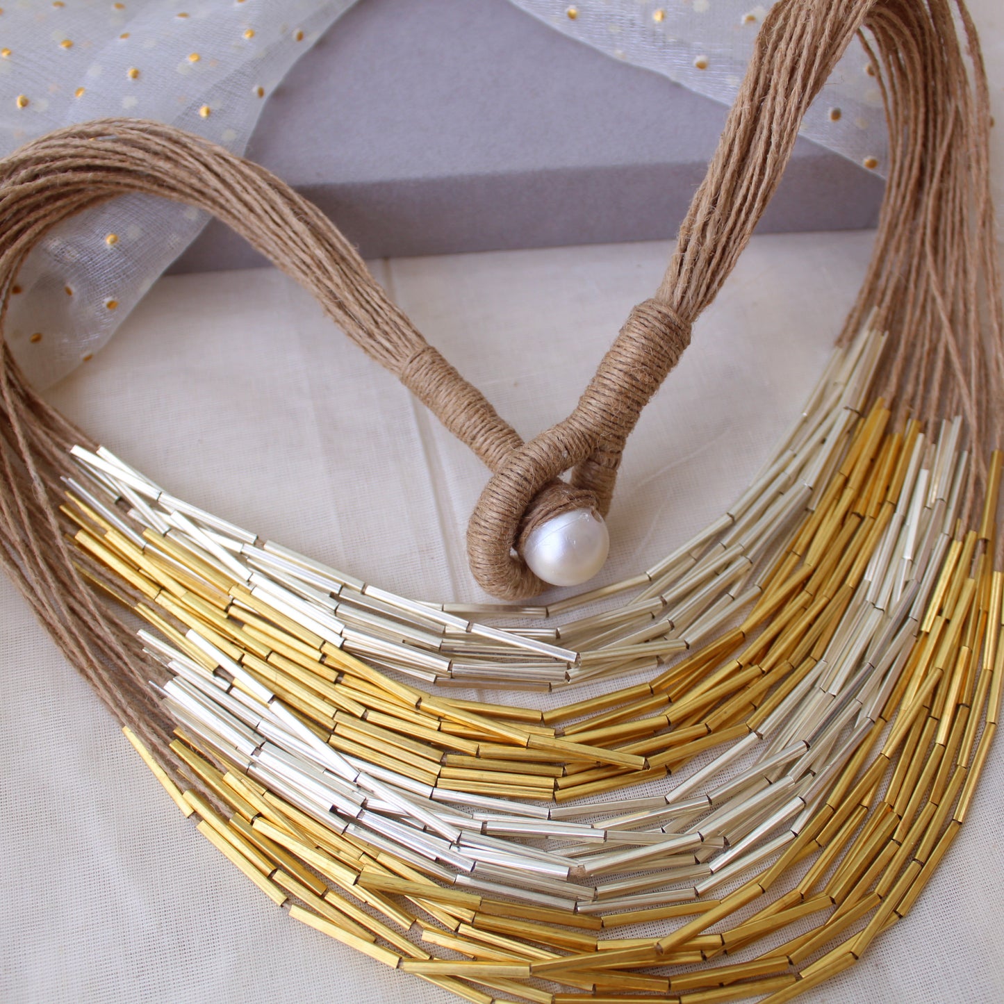 Exclusive Jute Necklace With Dual Tone Brass Beads