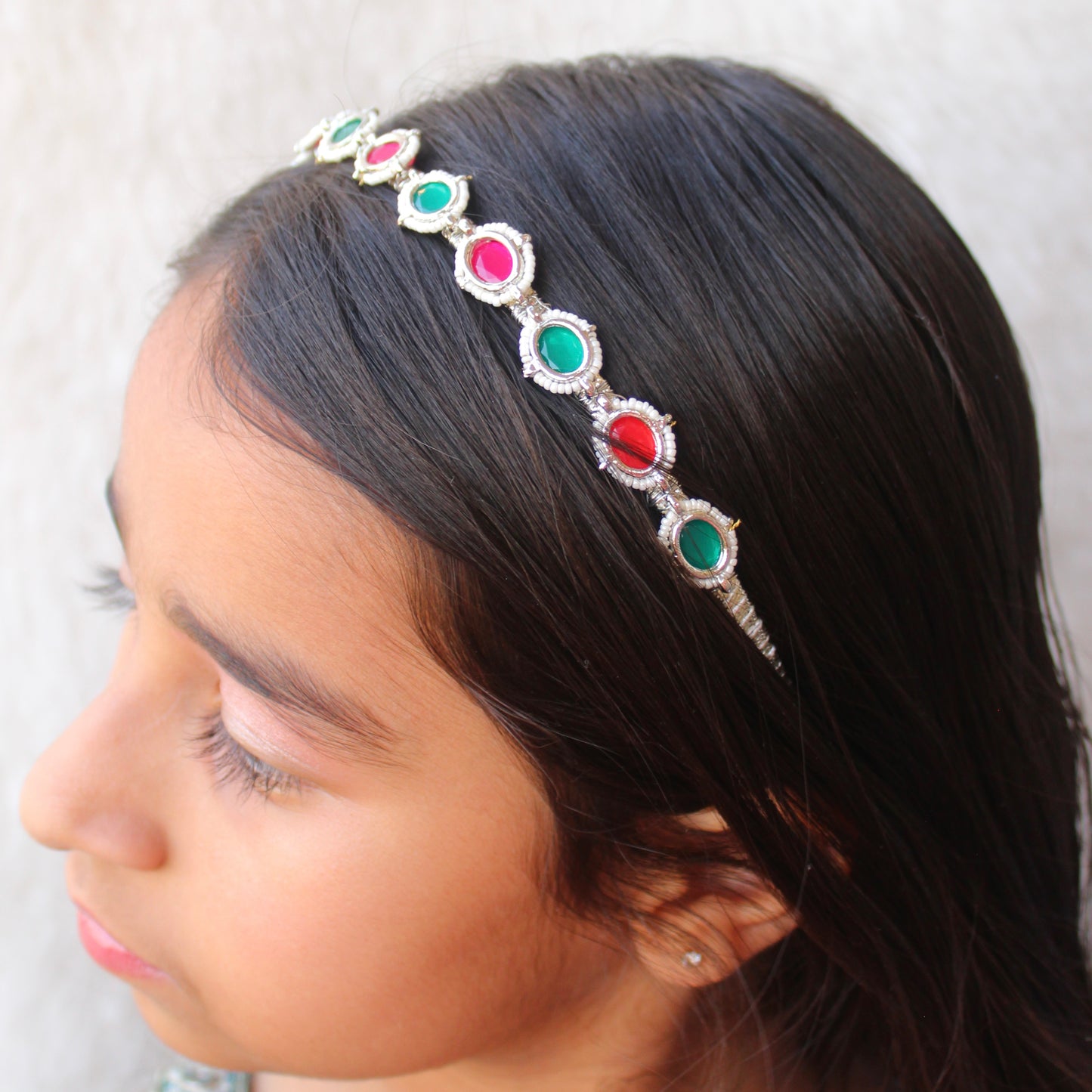 Green & Pink Kundan Charms Silver Hairband