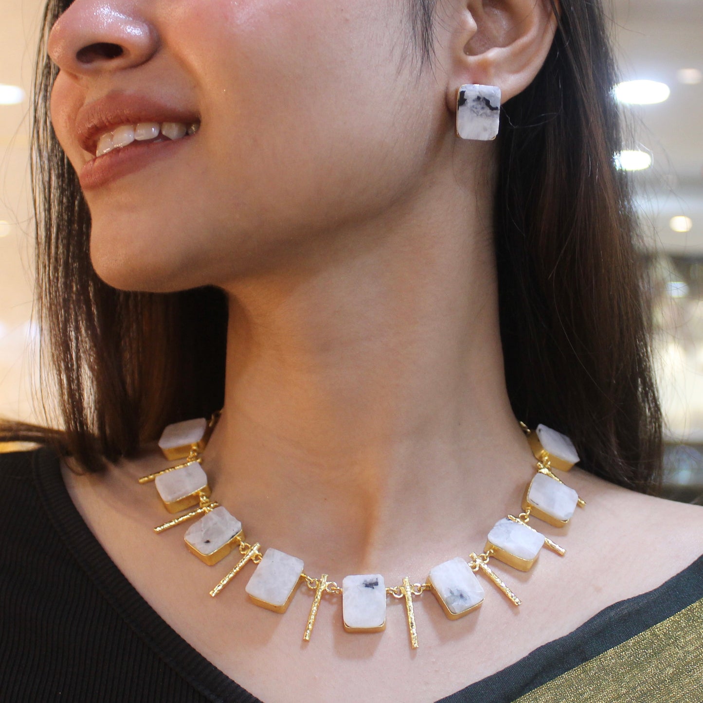 White Marble Stone Designer Brass Necklace Set