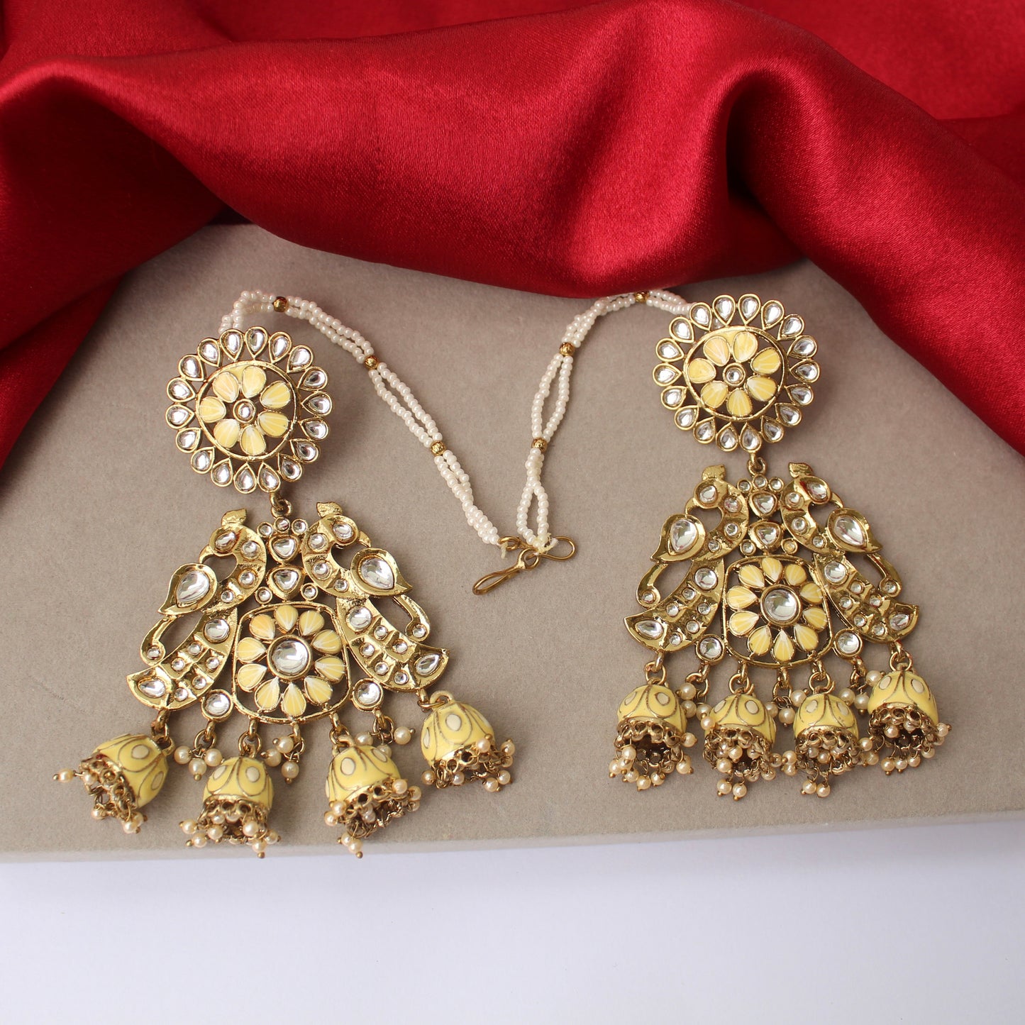 Butter Yellow Kundan Jhumki Earrings with Ear-Chain