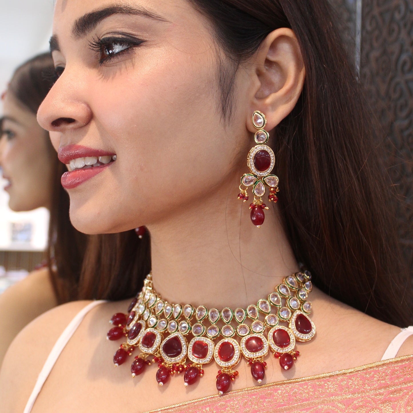 Gorgeous Red Stones Broad Necklace Set