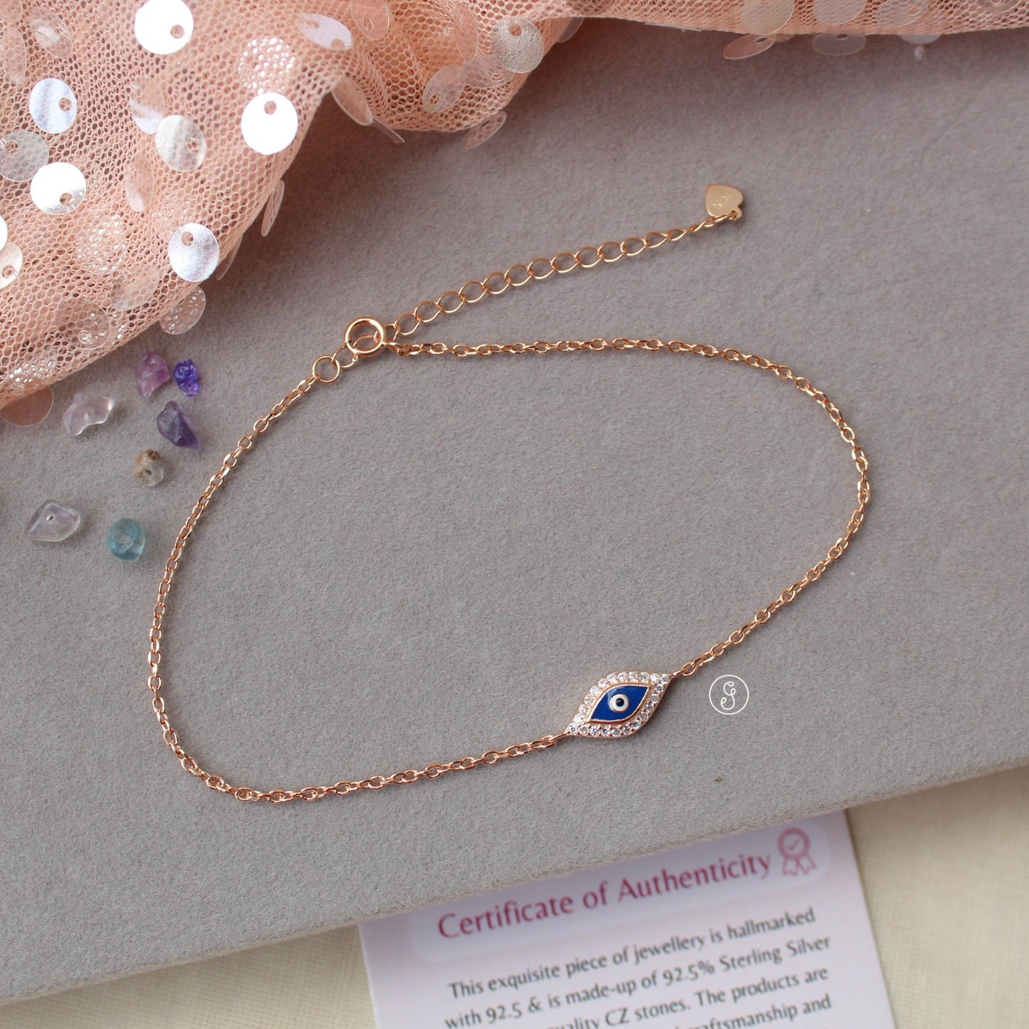 92.5 Pure Silver Rose Gold Toned Evil Eye Anklet
