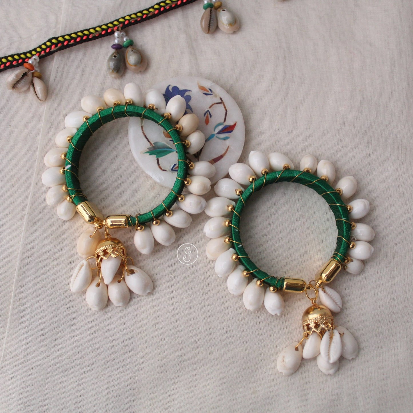 Green Thread & Shells Work Free Size Bangles Pair