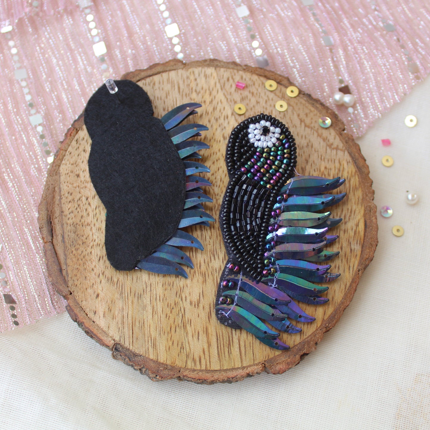 Black Rainbow Beaded Bird Earrings