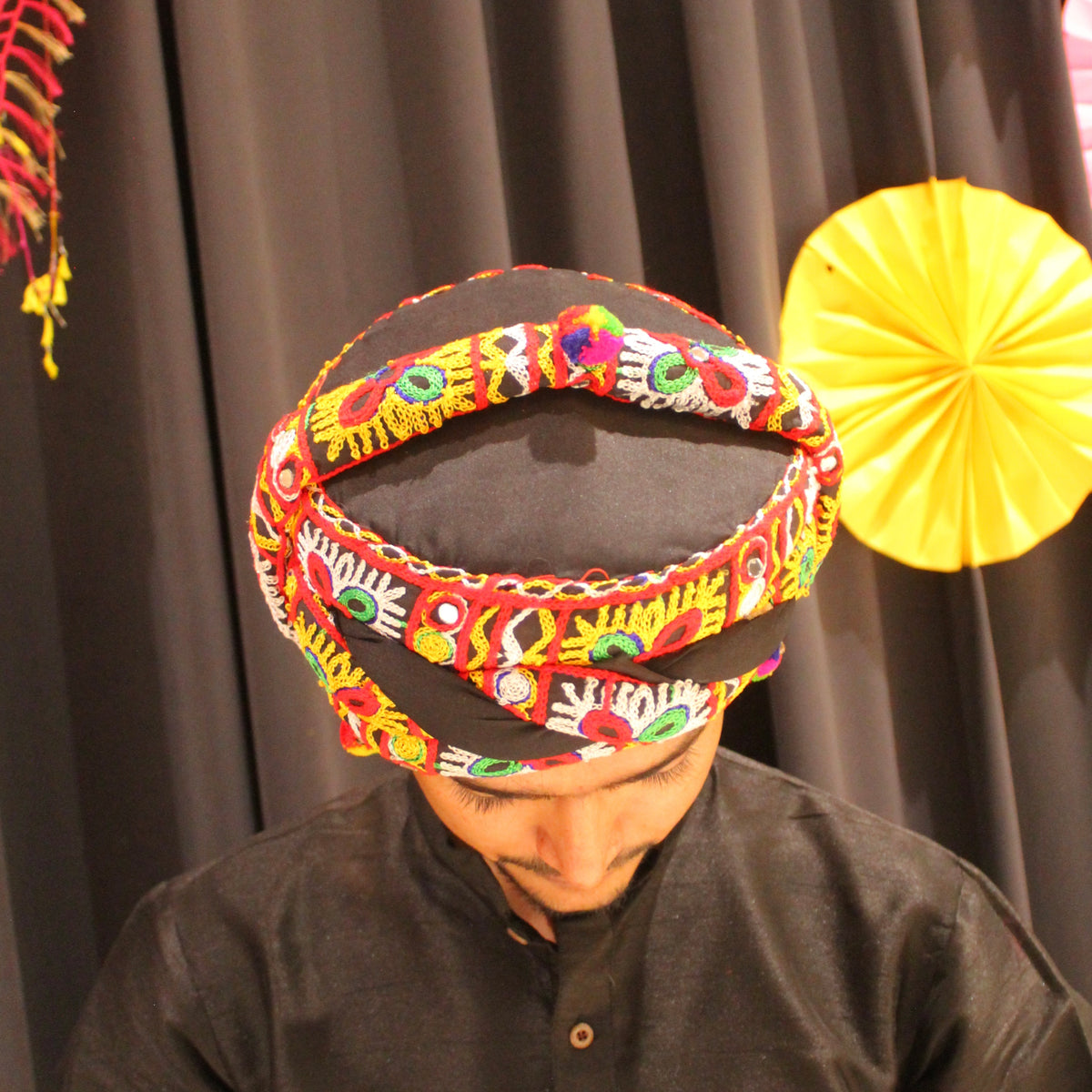 Black Gamthi Style Multicoloured Embroidered Pagdi