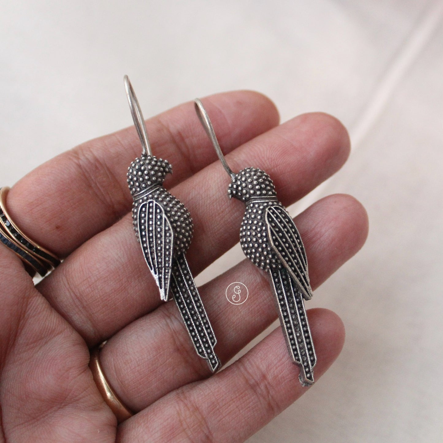 Beautiful Bird Motif Oxidised Silver Earrings