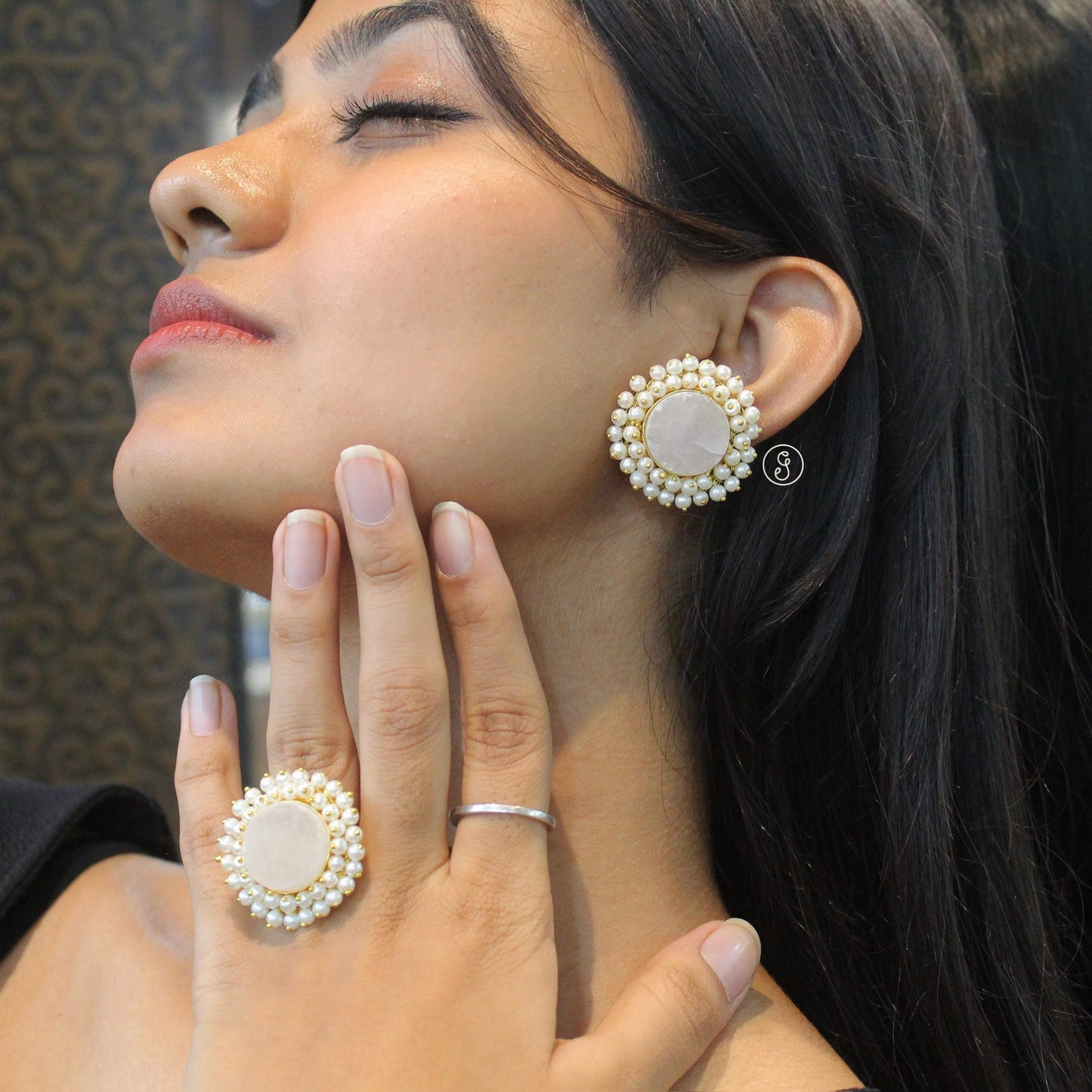 Pearl & Stone Brass Studs with Adjustable Ring