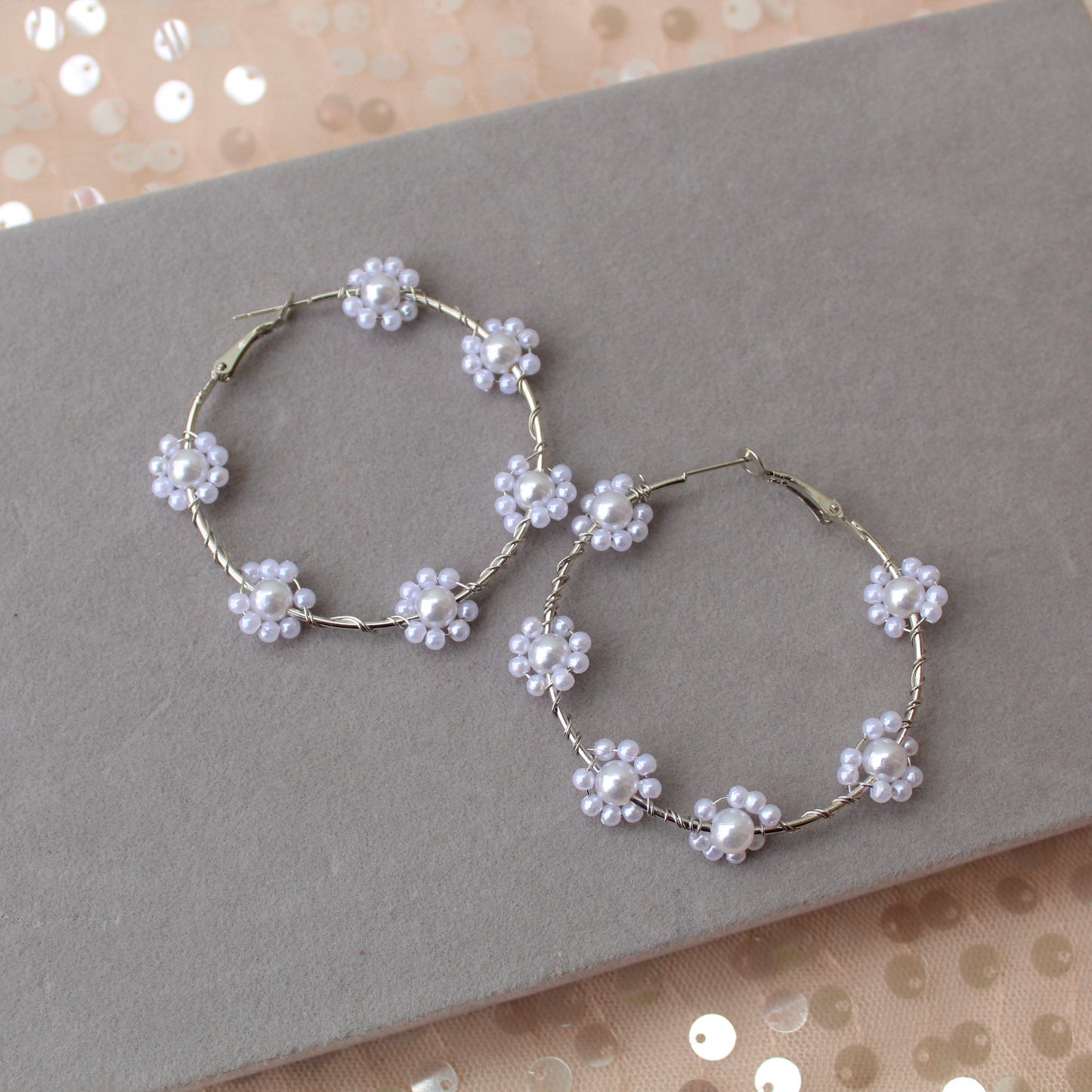 Pearl-adorned Silver Hoop Earrings