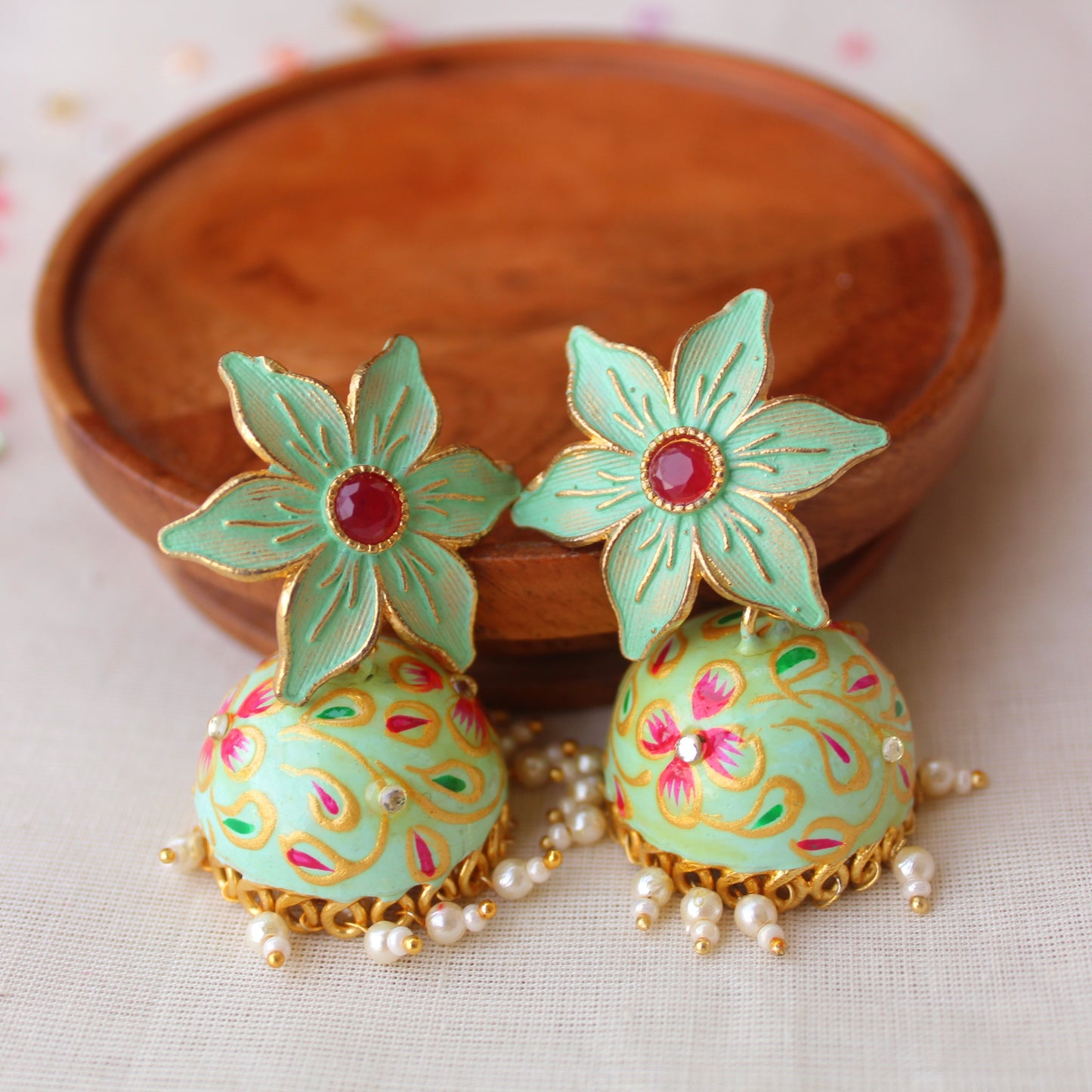 Mint Green Flower Design Jhumki Earrings