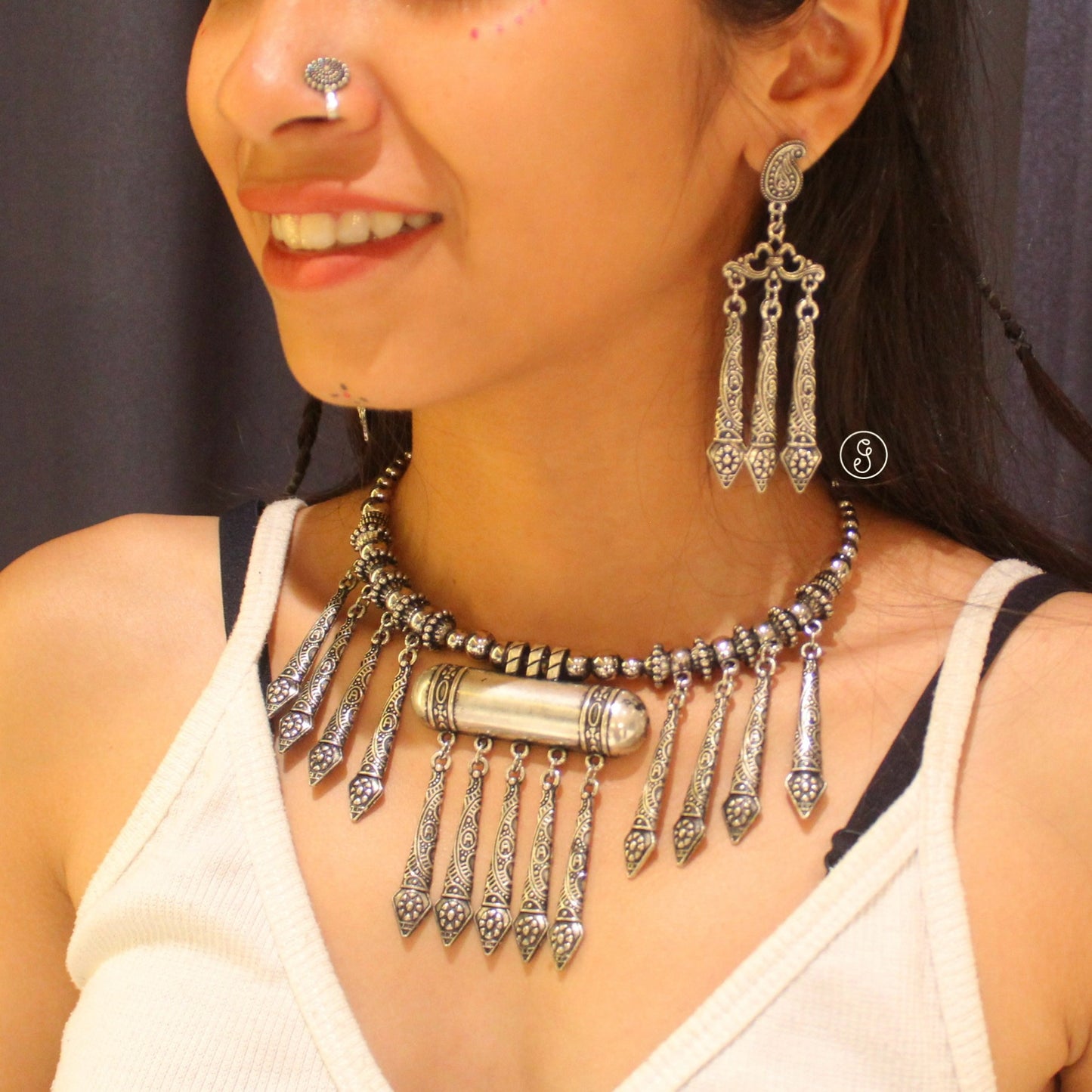 Unique Oxidised Silver Choker Necklace Set