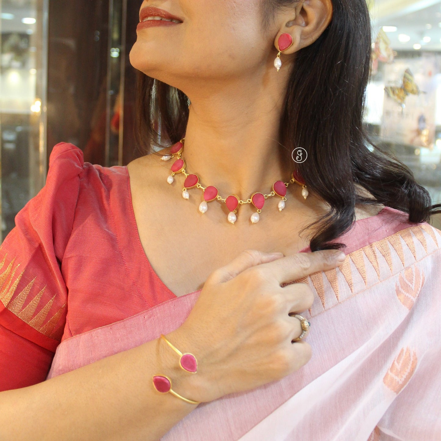 Classic Ruby Stones Necklace, Earrings & Bracelet Set