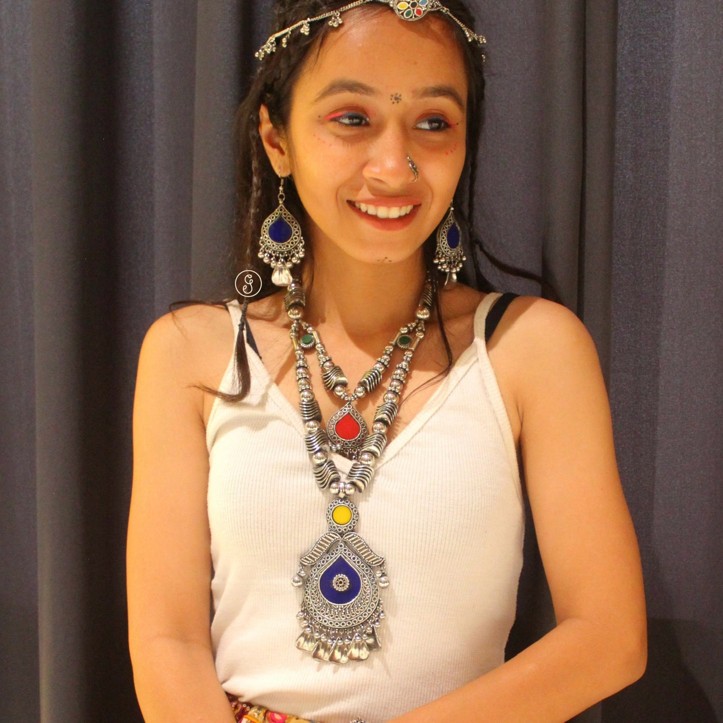 Double Layered Oxidised Silver Long Necklace Set