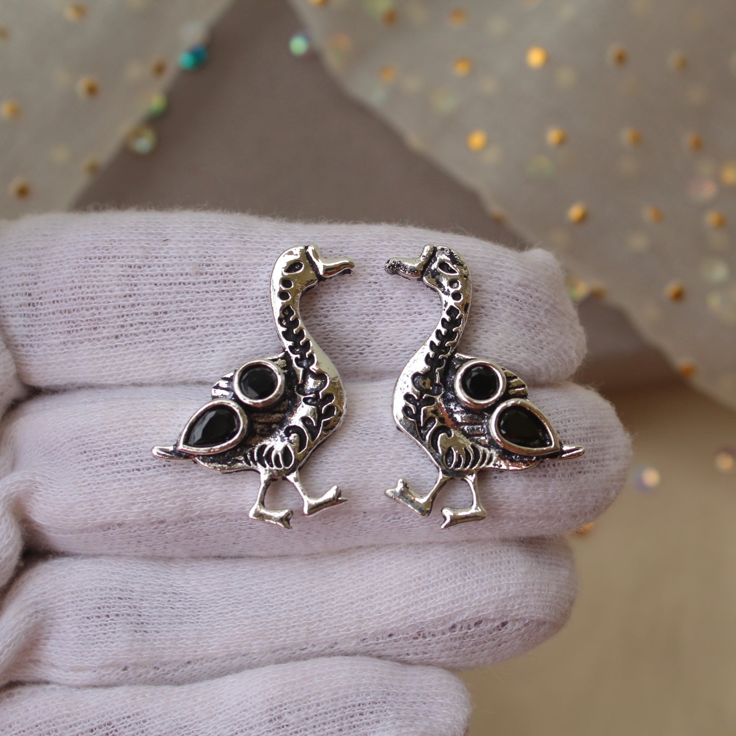 Elegant Oxidised Silver Duck Stud Earrings