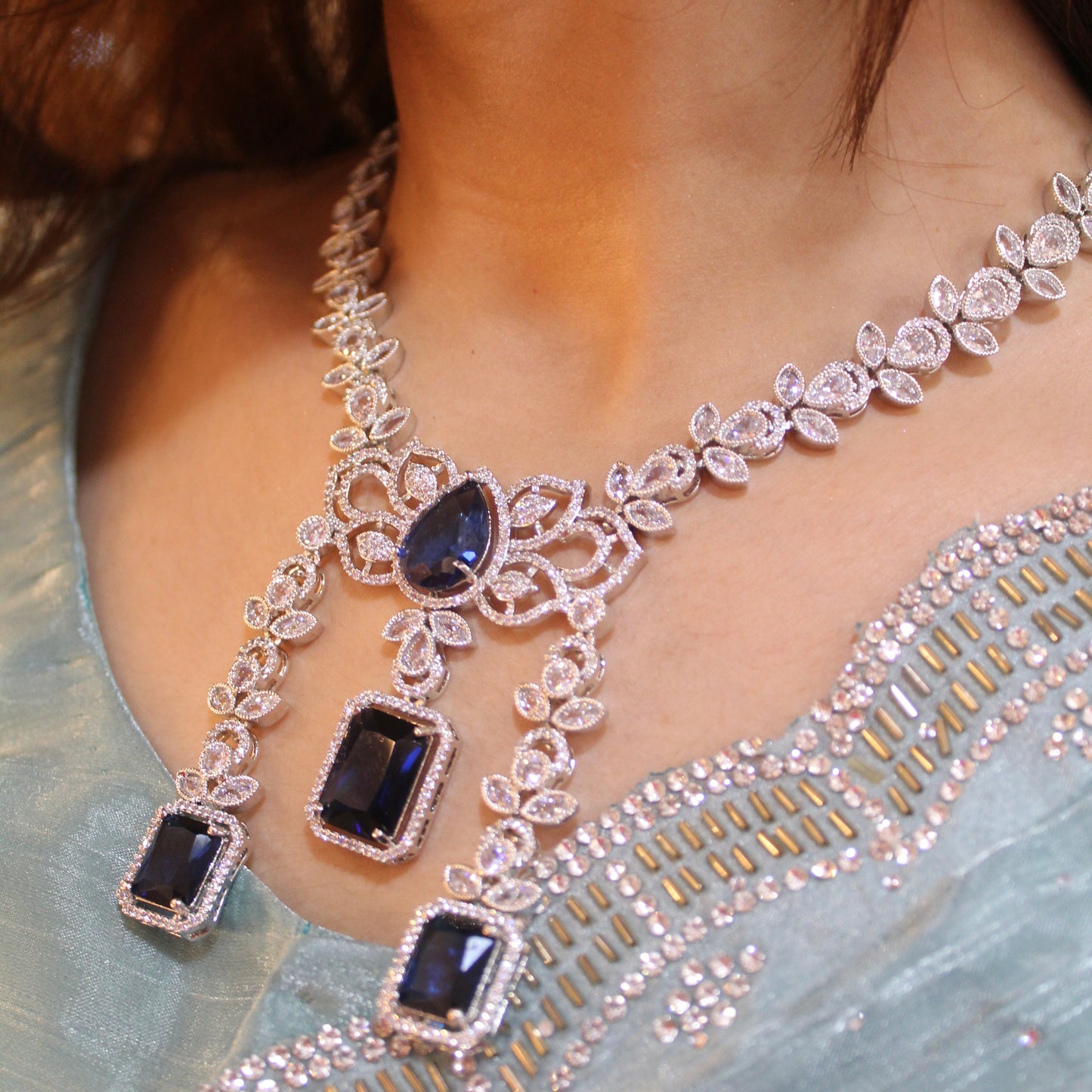 Blue & Silver CZ Diamonds Classic Designer Set