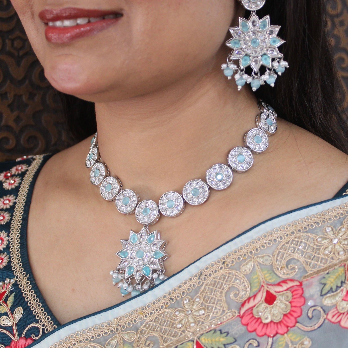 Sparking Silver & Blue Reverse Diamonds Set