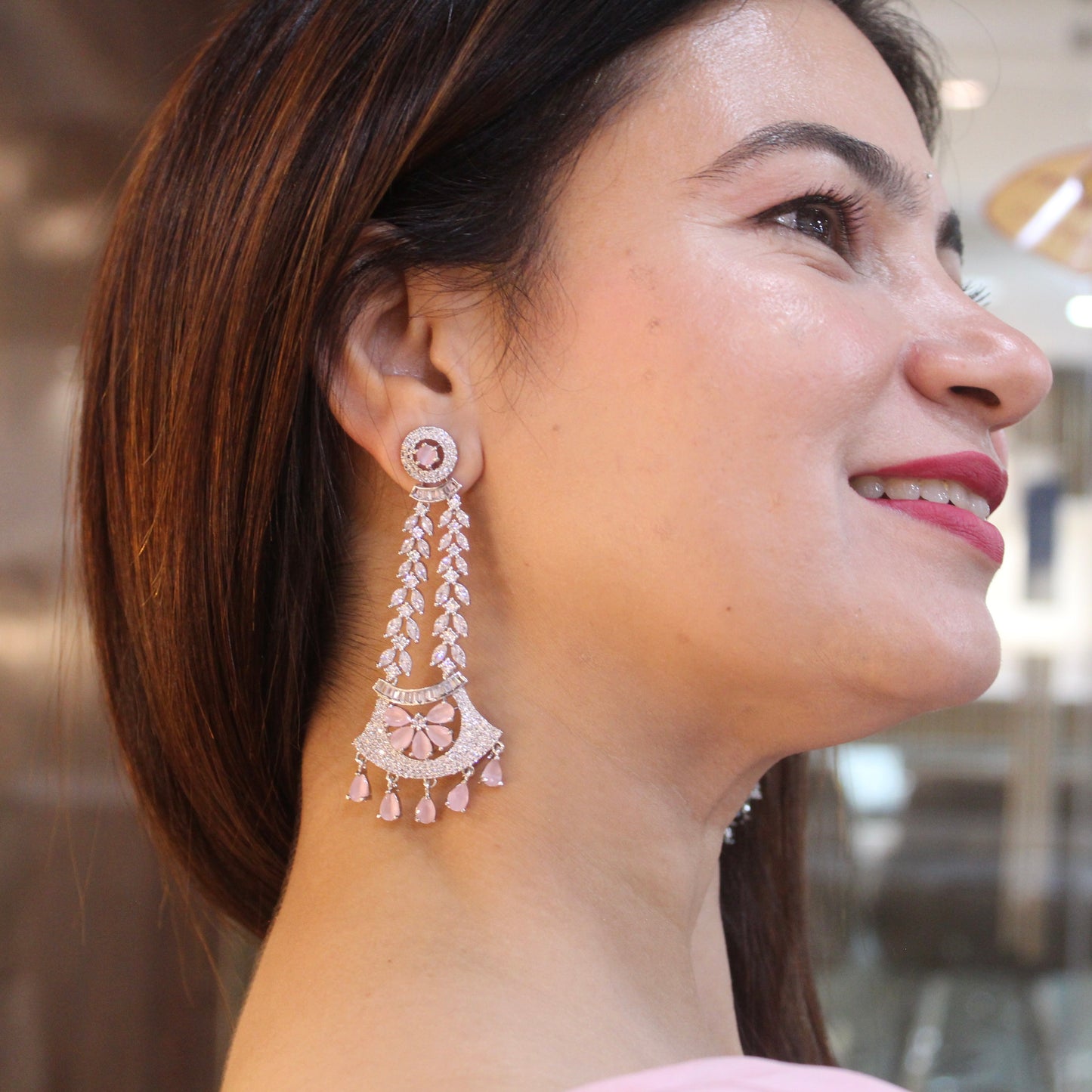 Pretty Silver & Pink CZ Diamonds Long Earrings