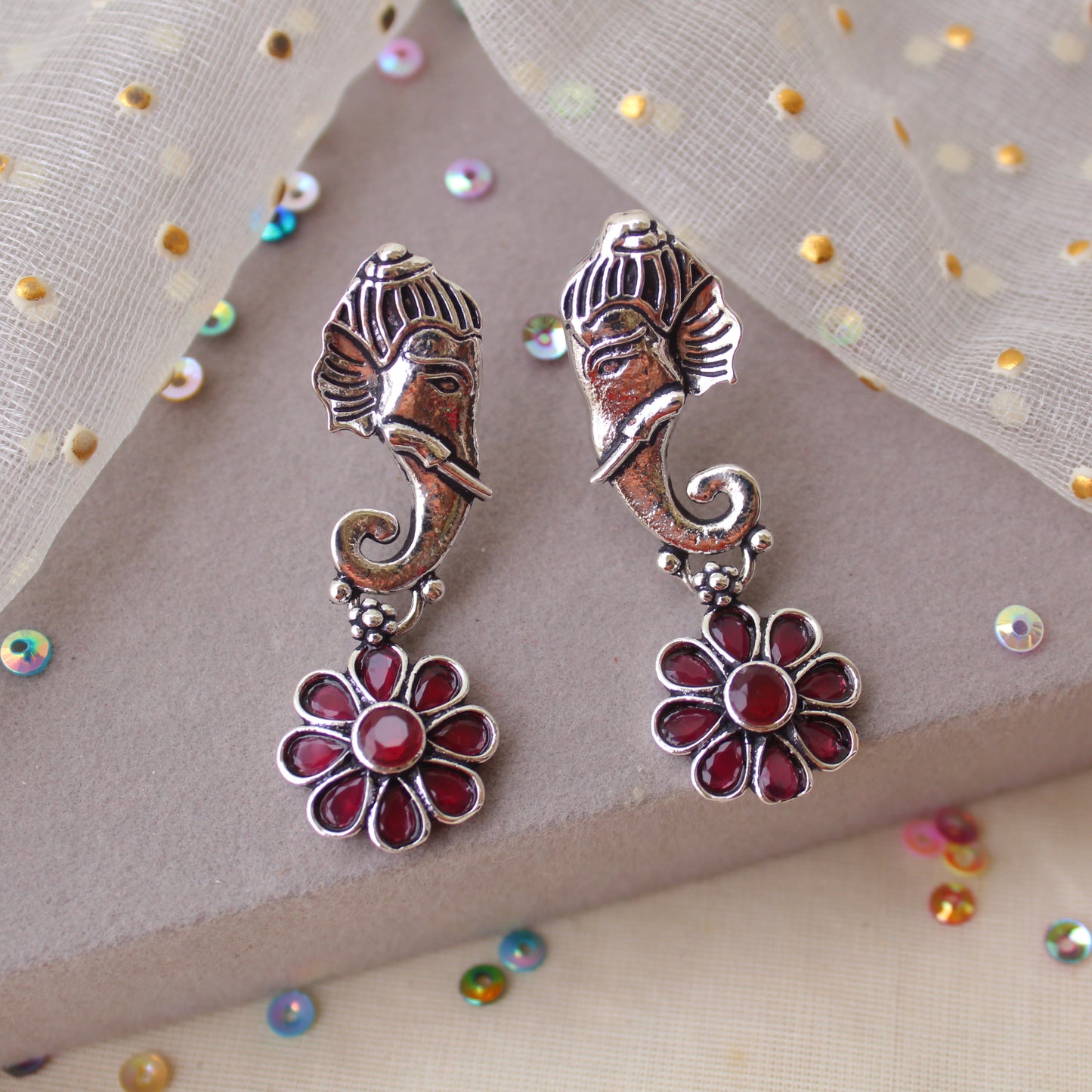 Oxidised Silver & Ruby Ganesha Earrings