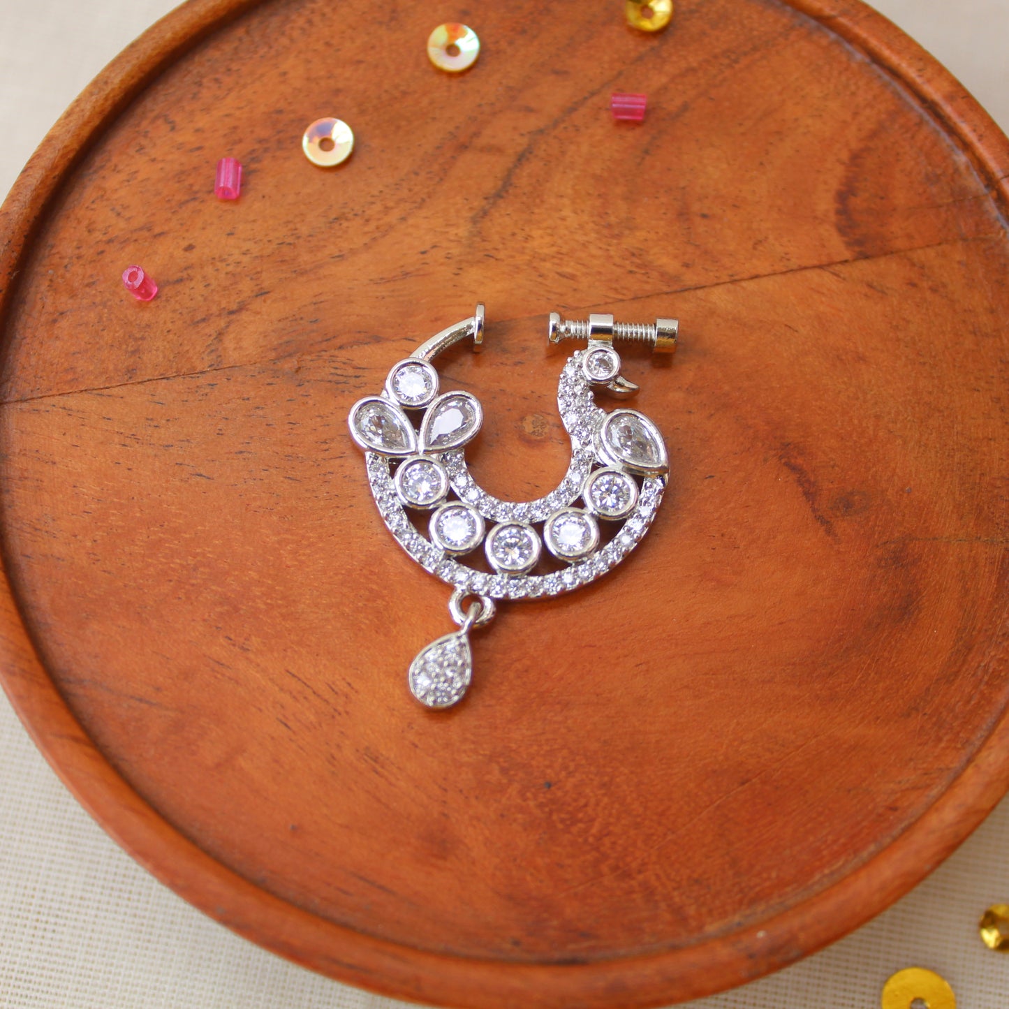 Silver CZ diamonds & Peacock Design Nath