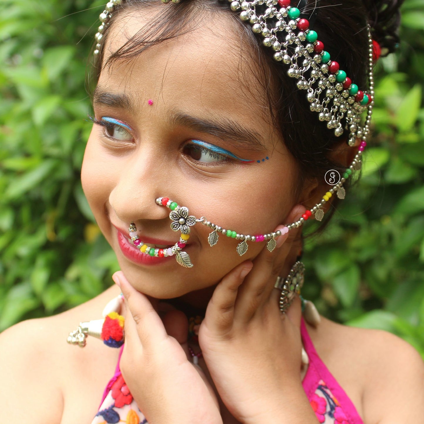 Colourful Press-On Nath Nose-Pin With Chain