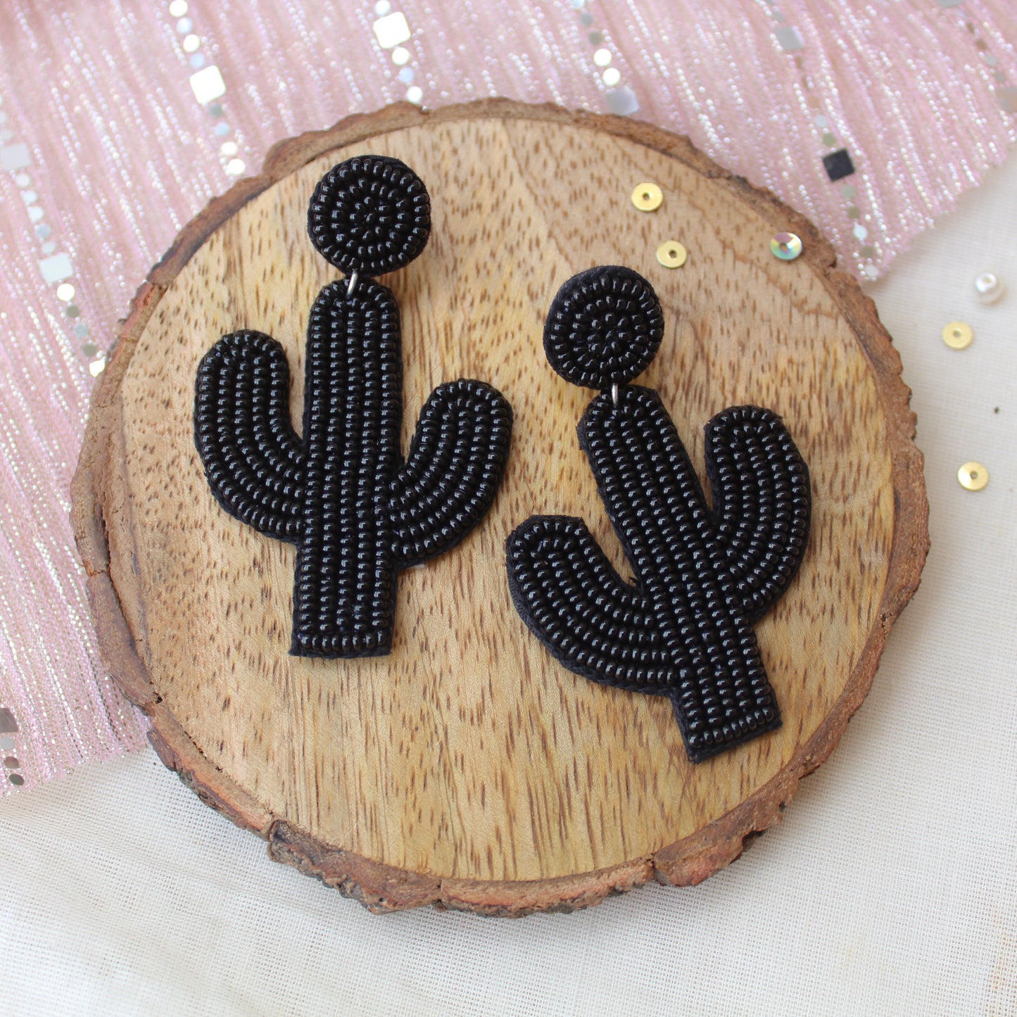 Black Handcrafted Beaded Cactus Earrings