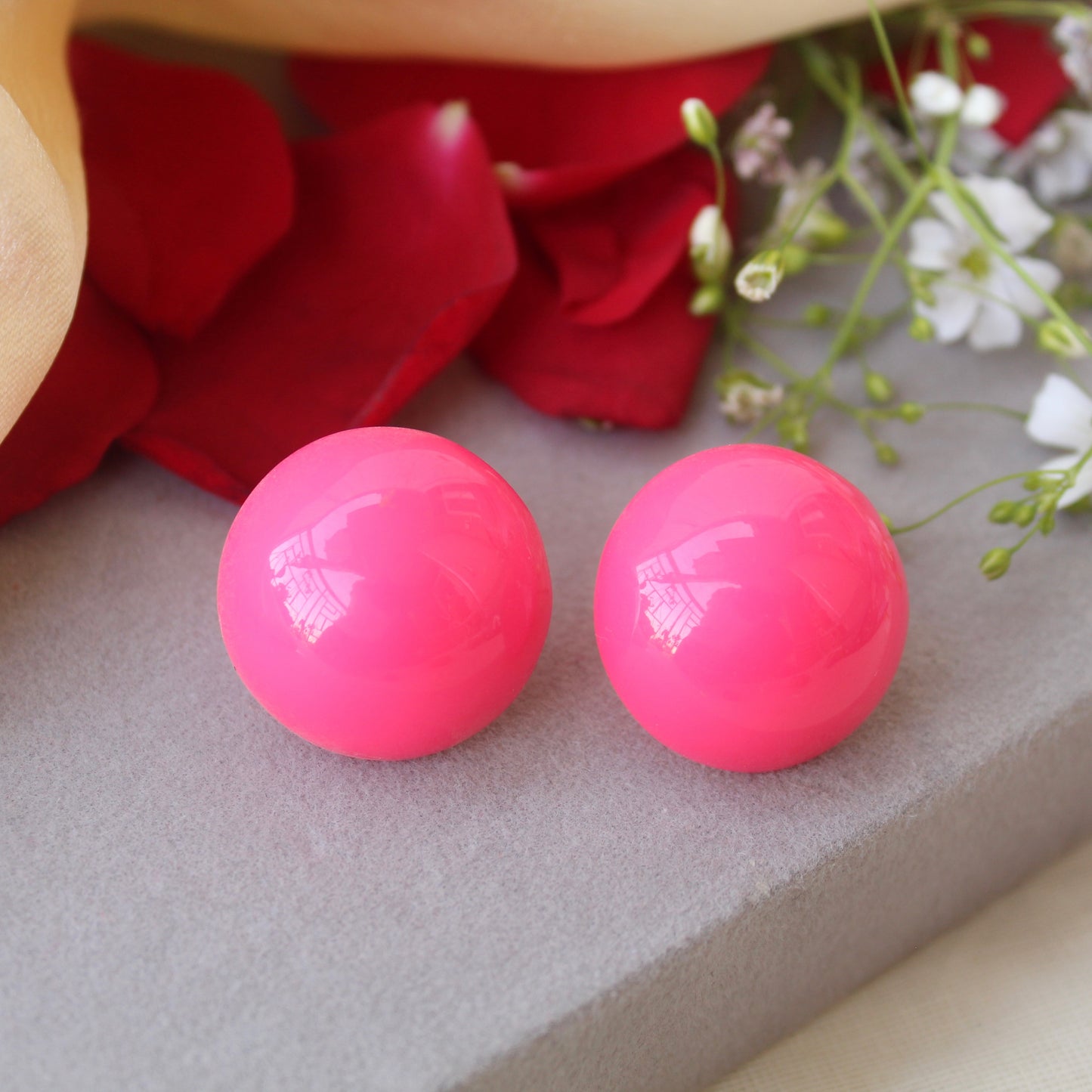 Pink Large Sized Round Stud Earrings