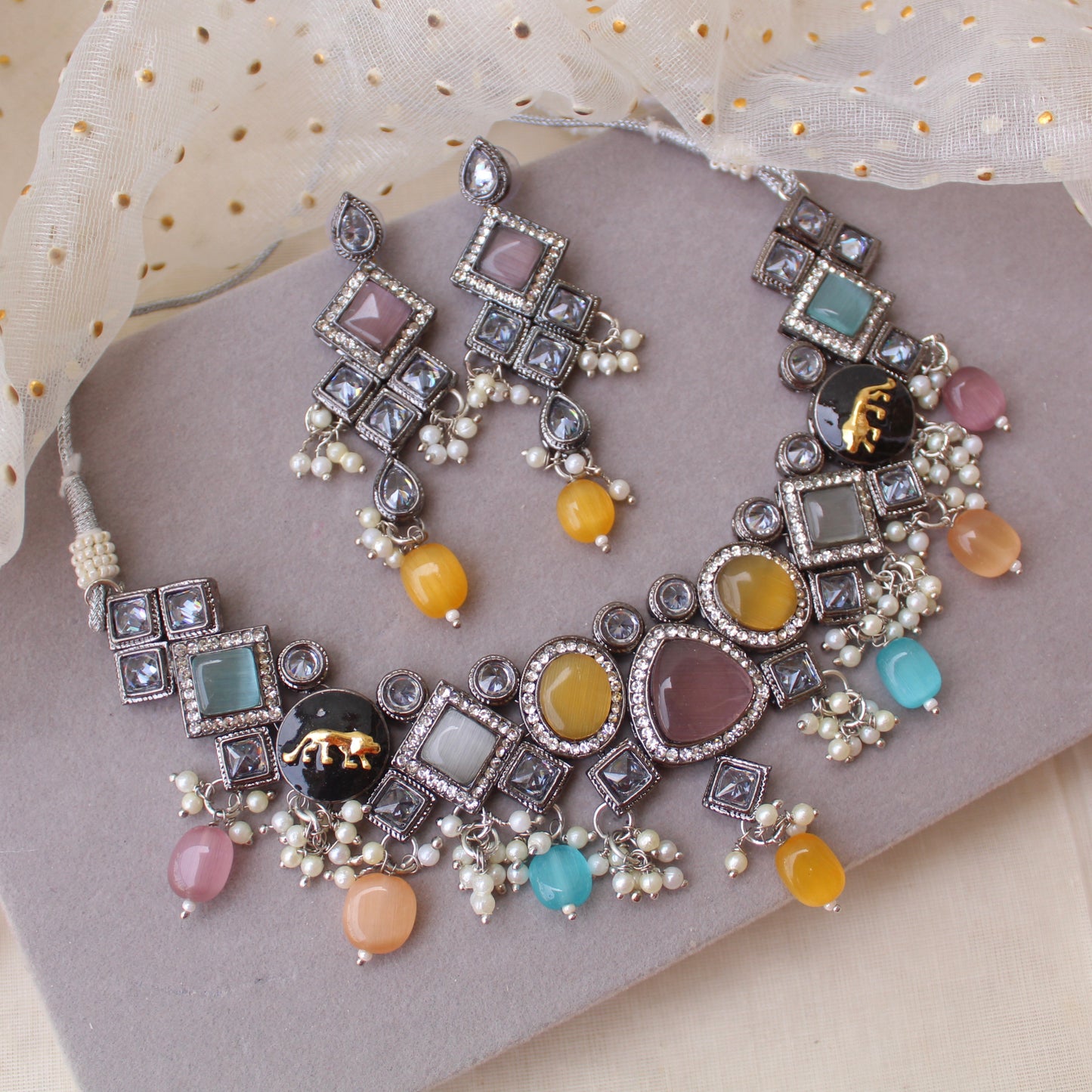 Multi Monalisa Stones Sabyasachi Inspired Necklace Set