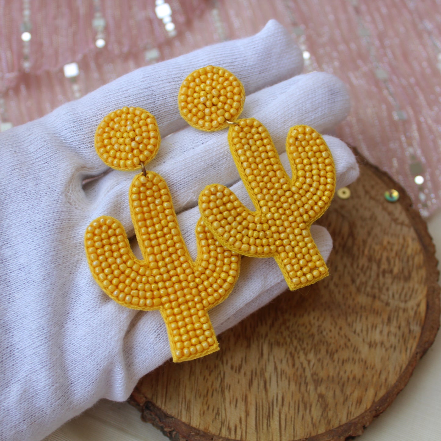 Yellow Handcrafted Beaded Cactus Earrings